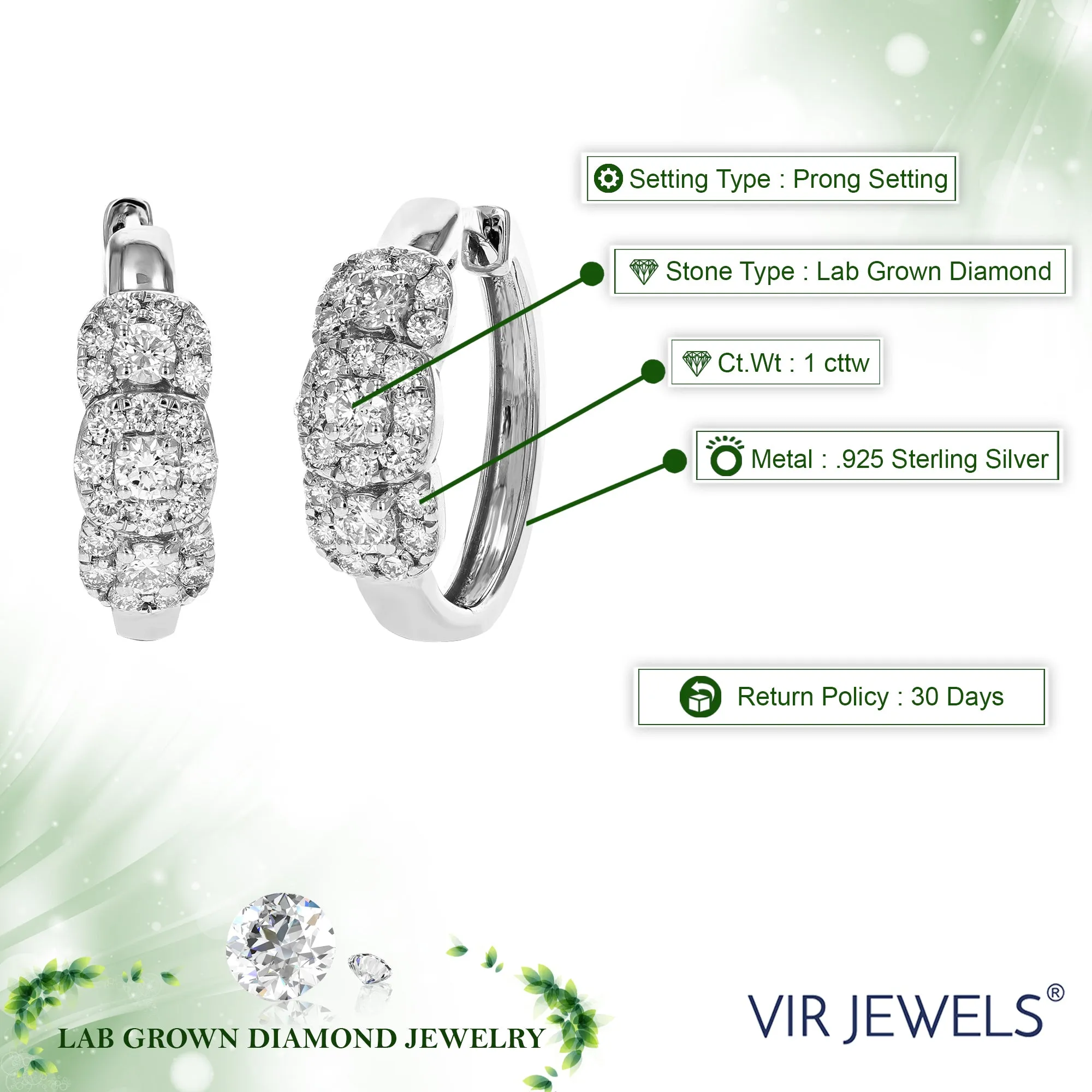 1 cttw Lab Grown Diamond Three Stone Huggies Hoop Earrings Silver