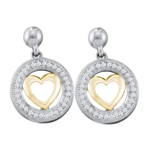 10K Two-tone Gold Round Diamond Circle Heart Dangle Earrings 1/5 Cttw