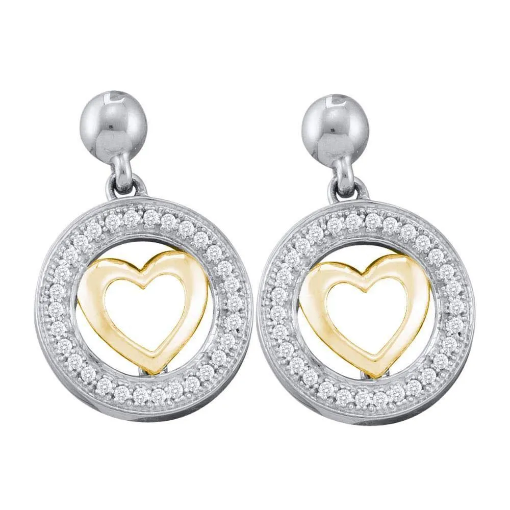 10K Two-tone Gold Round Diamond Circle Heart Dangle Earrings 1/5 Cttw