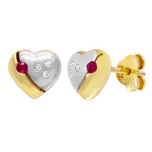 10k Two Tone Gold Ruby & Diamond Puffy Heart Stud Earrings