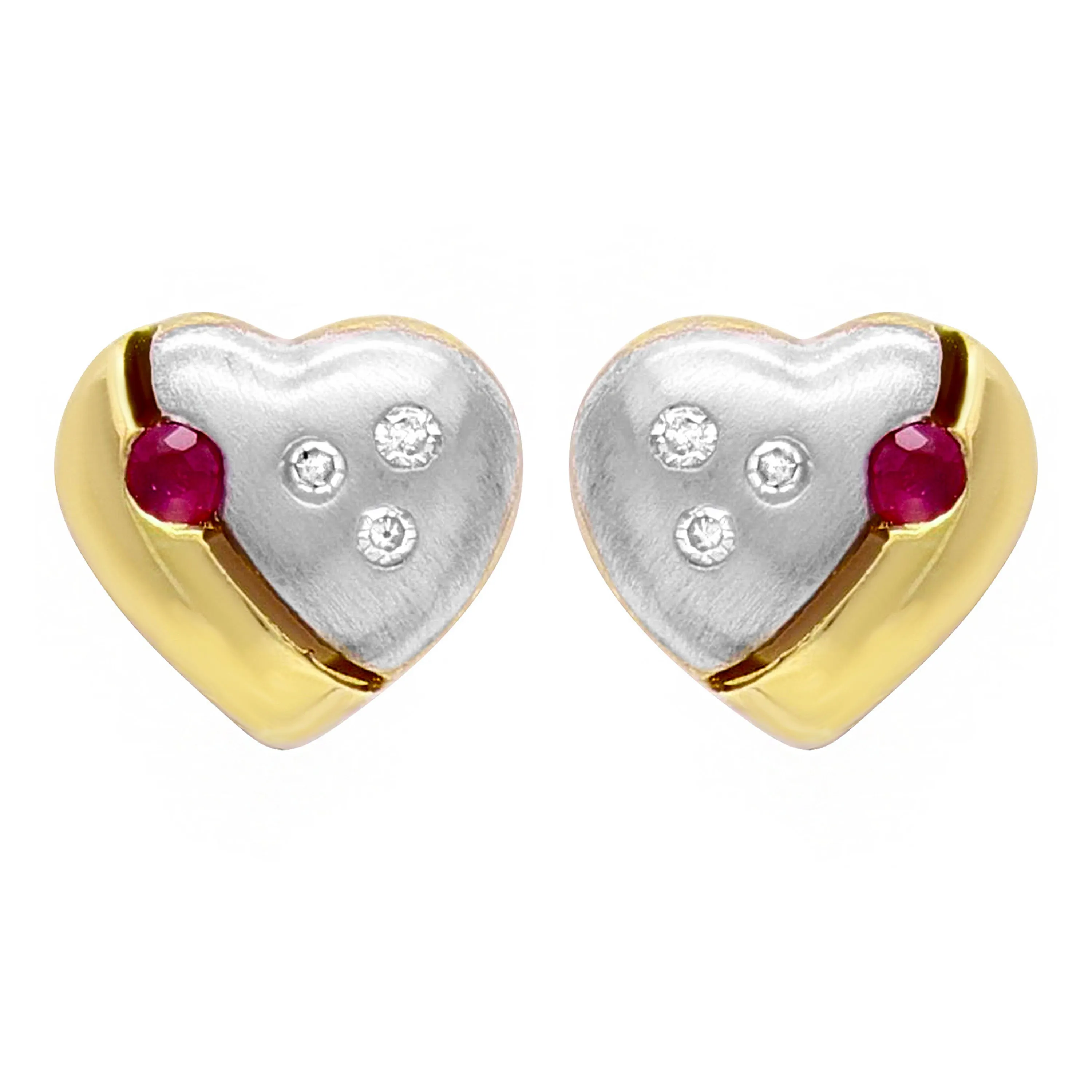 10k Two Tone Gold Ruby & Diamond Puffy Heart Stud Earrings