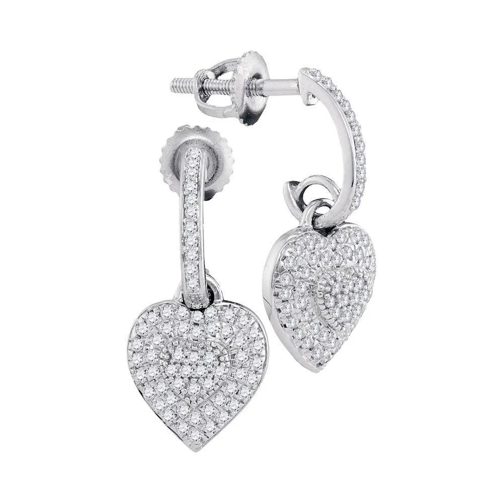 10K White Gold Round Diamond Heart Dangle Earrings 1/4 Cttw