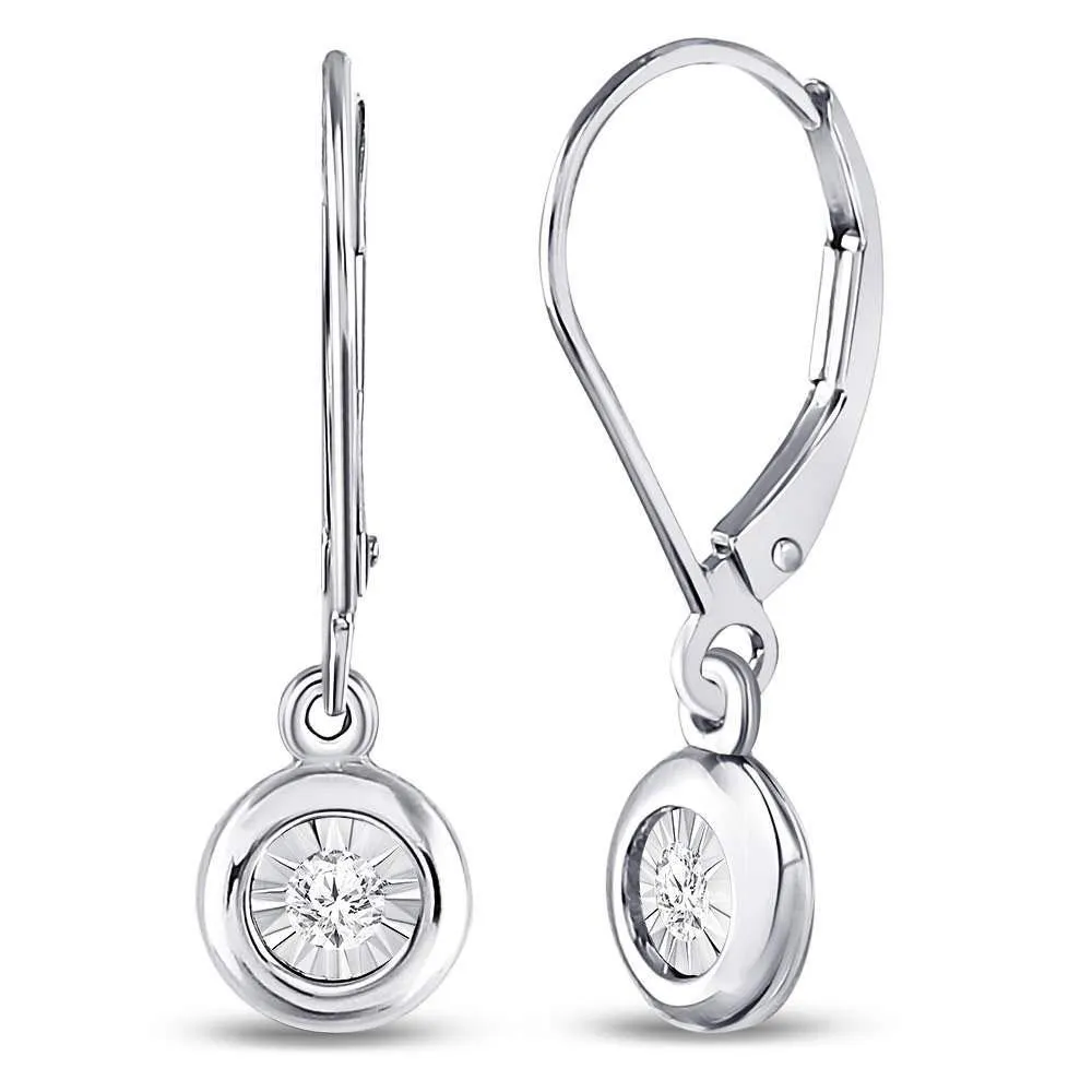 10K White Gold Round Diamond Illusion Dangle Leverback Earrings 1/20 Cttw