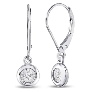 10K White Gold Round Diamond Illusion Dangle Leverback Earrings 1/20 Cttw