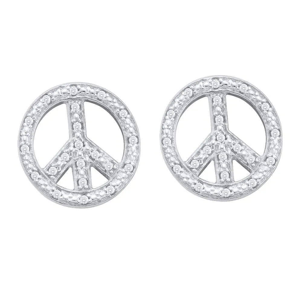 10K White Gold Round Diamond Peace Sign Earrings 1/6 Cttw