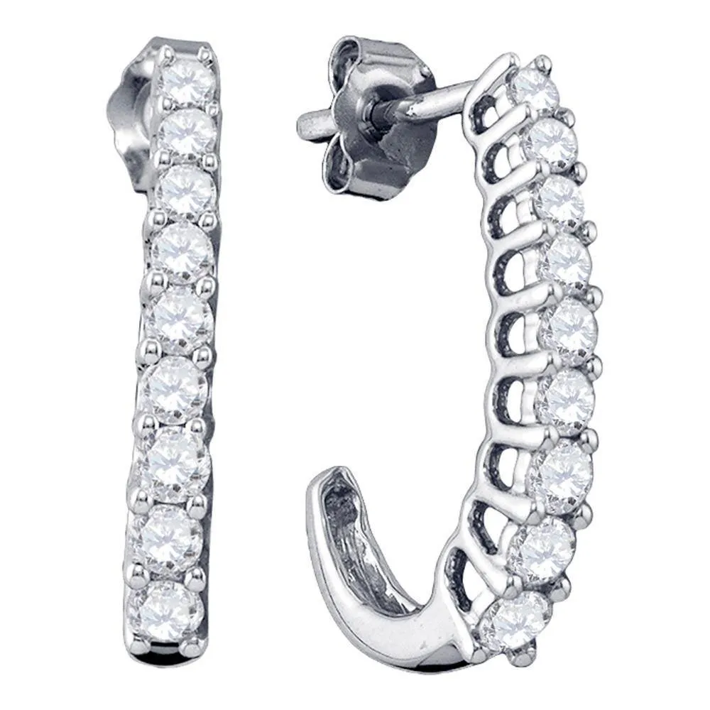 10K White Gold Round Diamond Single Row Half J Hoop Earrings 7/8 Cttw