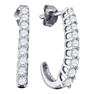 10K White Gold Round Diamond Single Row Half J Hoop Earrings 7/8 Cttw