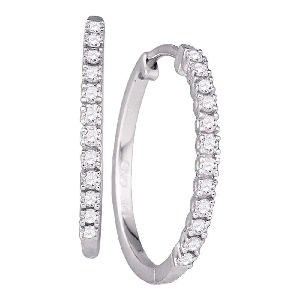 10K White Gold Round Diamond Slender Single Row Hoop Earrings 1/4 Cttw