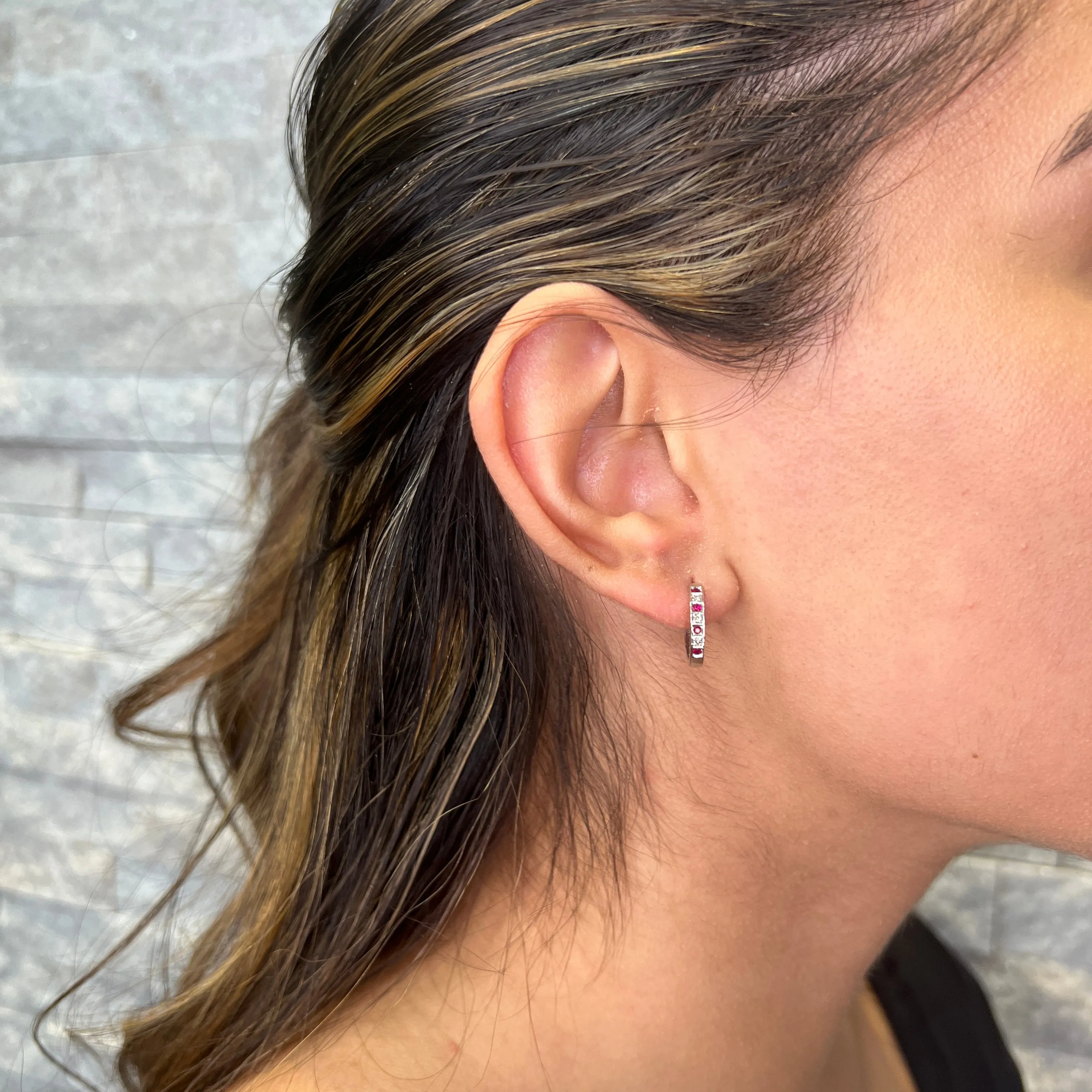 10K White Gold Ruby and Diamond Hoop Earrings