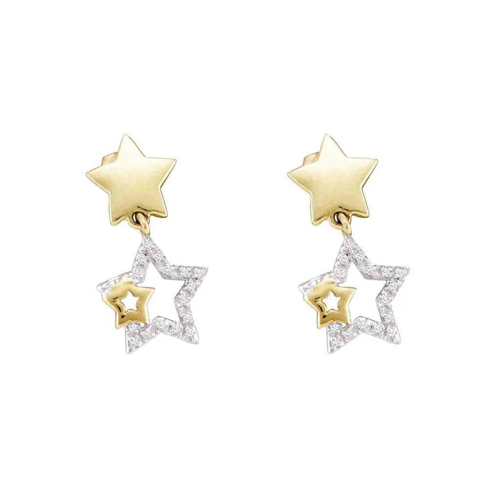 10K Yellow Gold Round Diamond Star Dangle Earrings 1/10 Cttw