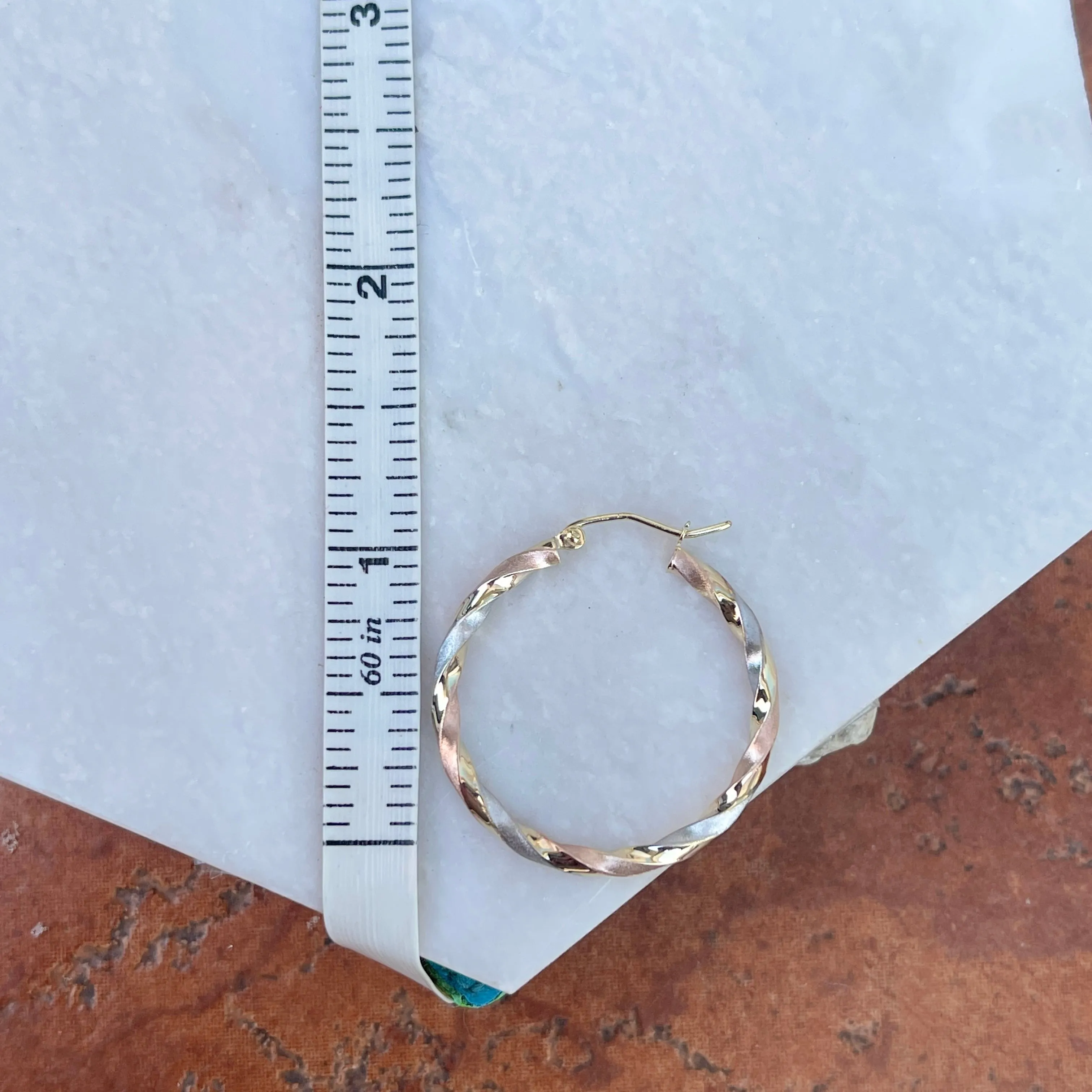 10KT Yellow, Rose,   White Gold Twisted Satin Hoop Earrings 30mm