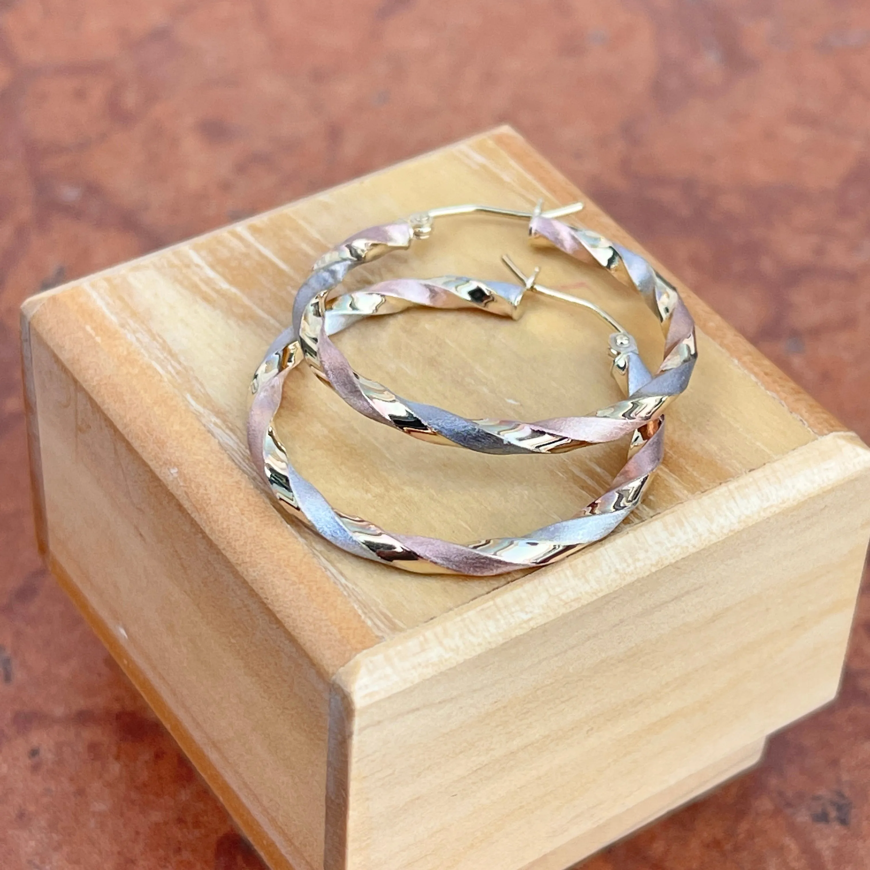 10KT Yellow, Rose,   White Gold Twisted Satin Hoop Earrings 30mm