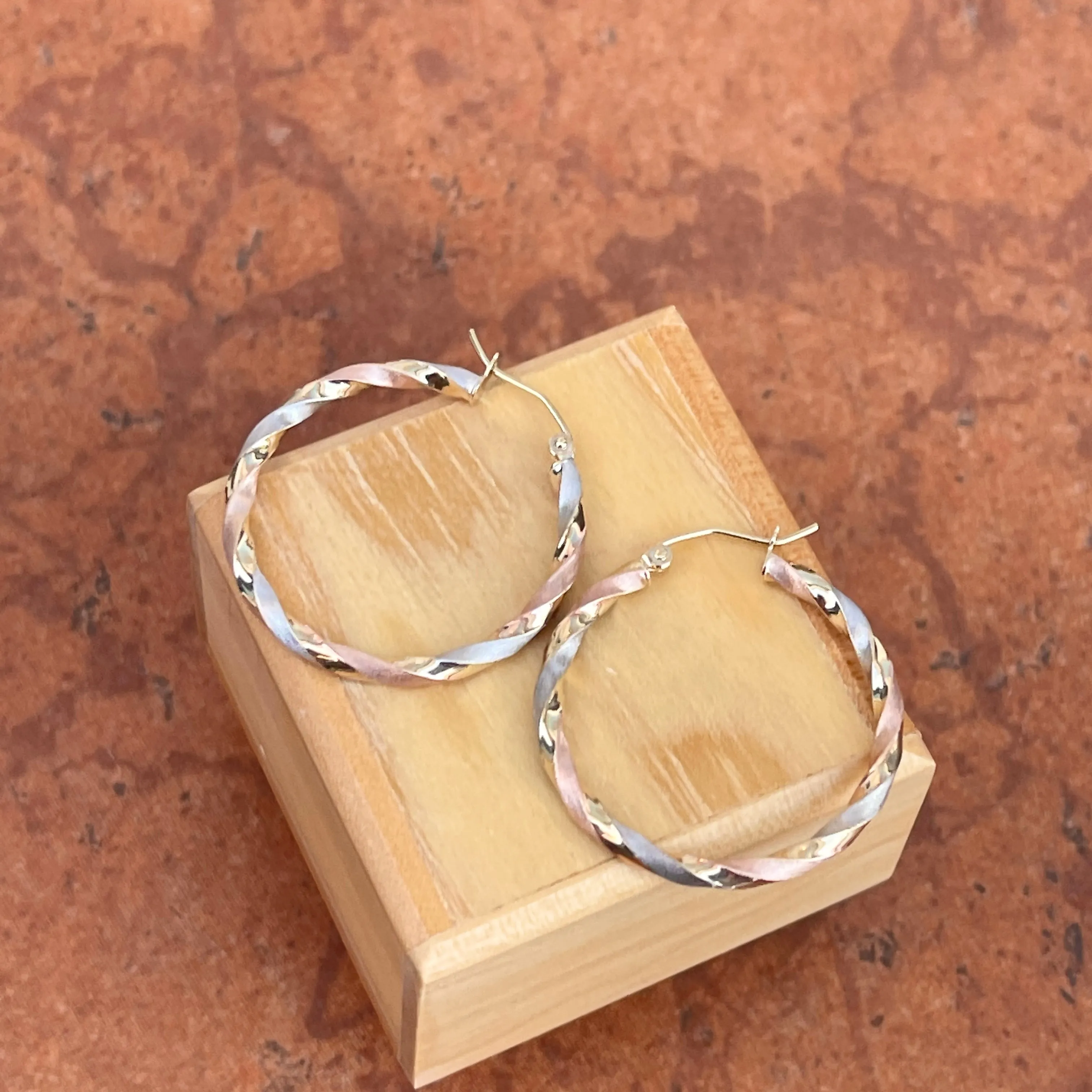10KT Yellow, Rose,   White Gold Twisted Satin Hoop Earrings 30mm