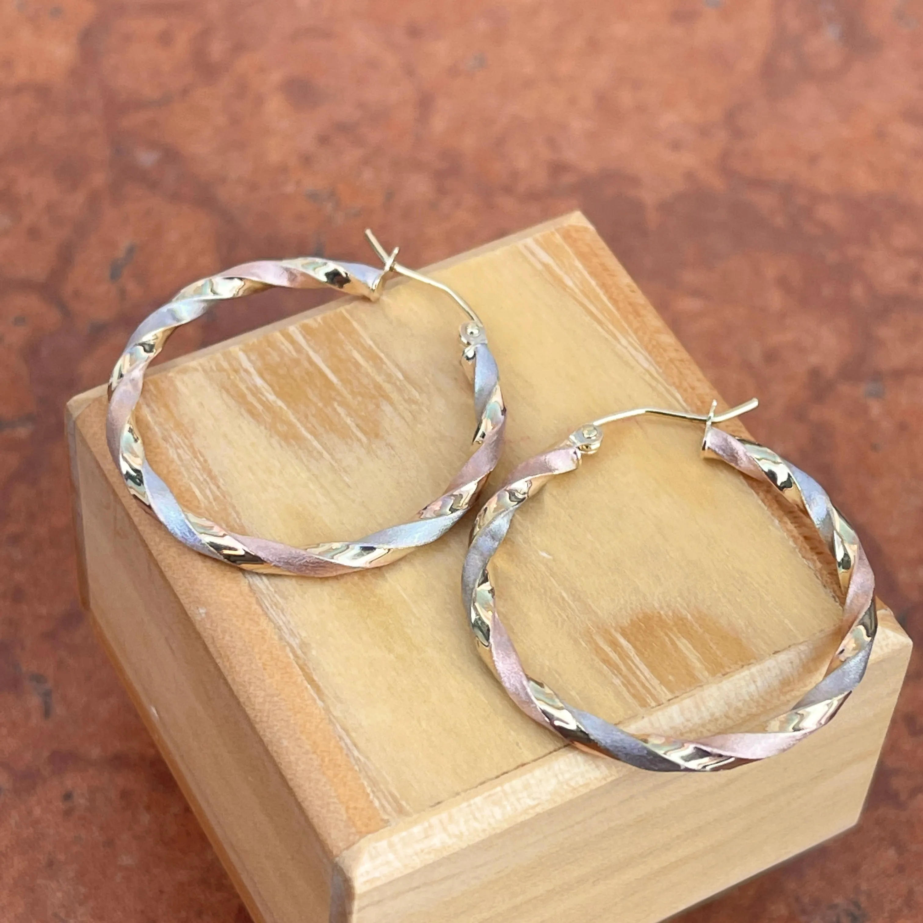 10KT Yellow, Rose,   White Gold Twisted Satin Hoop Earrings 30mm