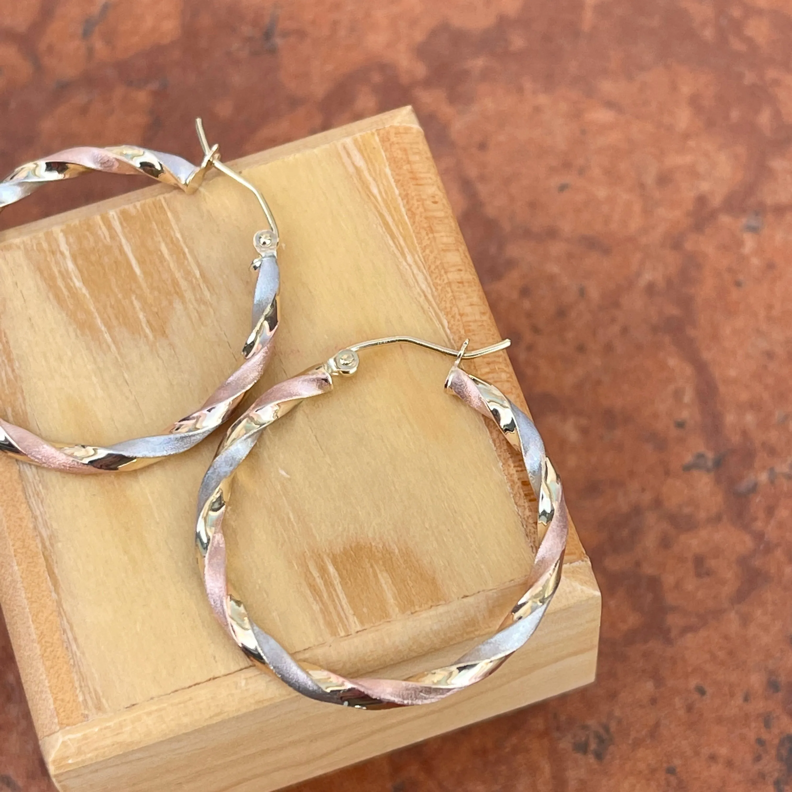 10KT Yellow, Rose,   White Gold Twisted Satin Hoop Earrings 30mm