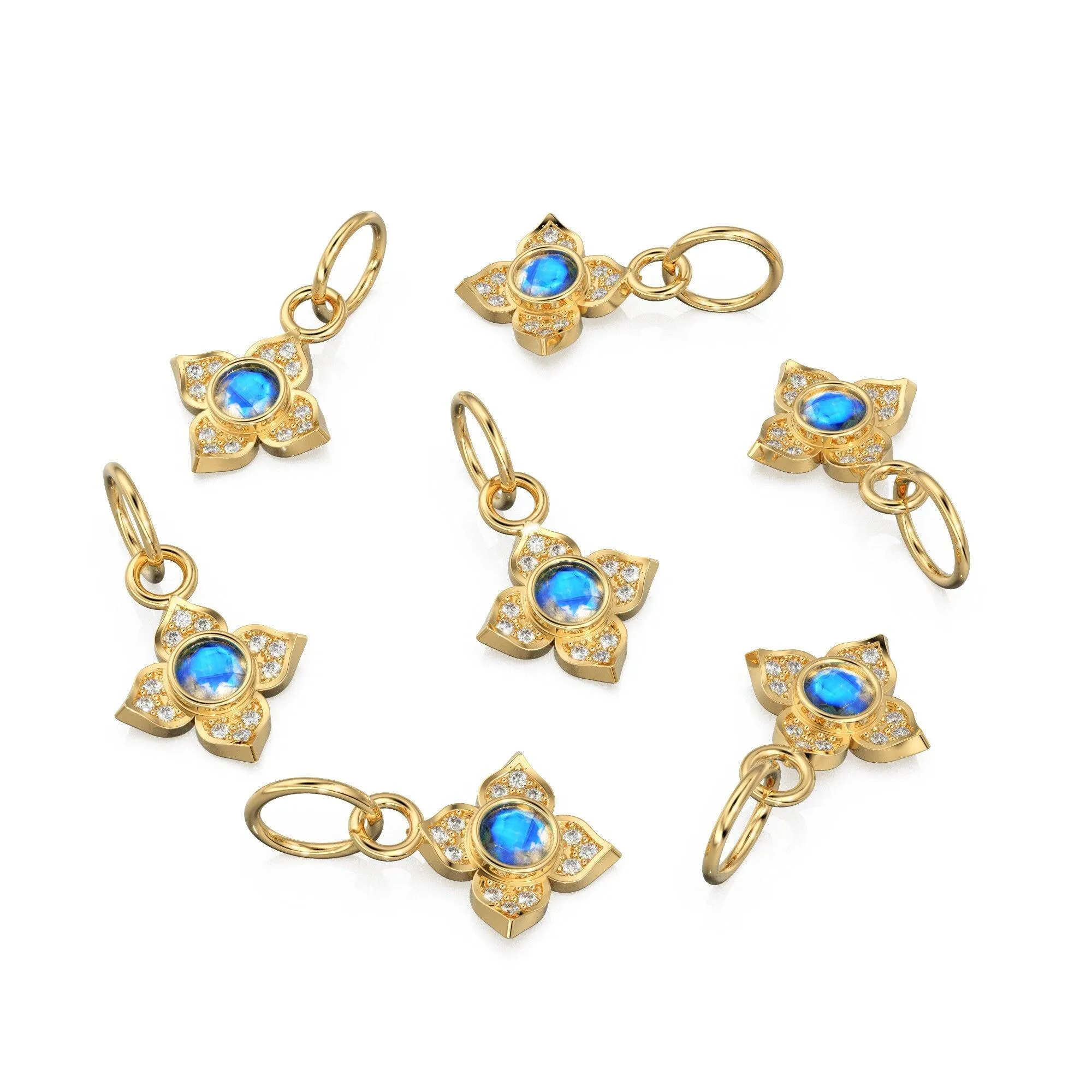 10MM 14K solid Yellow Gold Diamond Moonstone 4 petal Flower Quatrefoil Charm Necklace Pendant