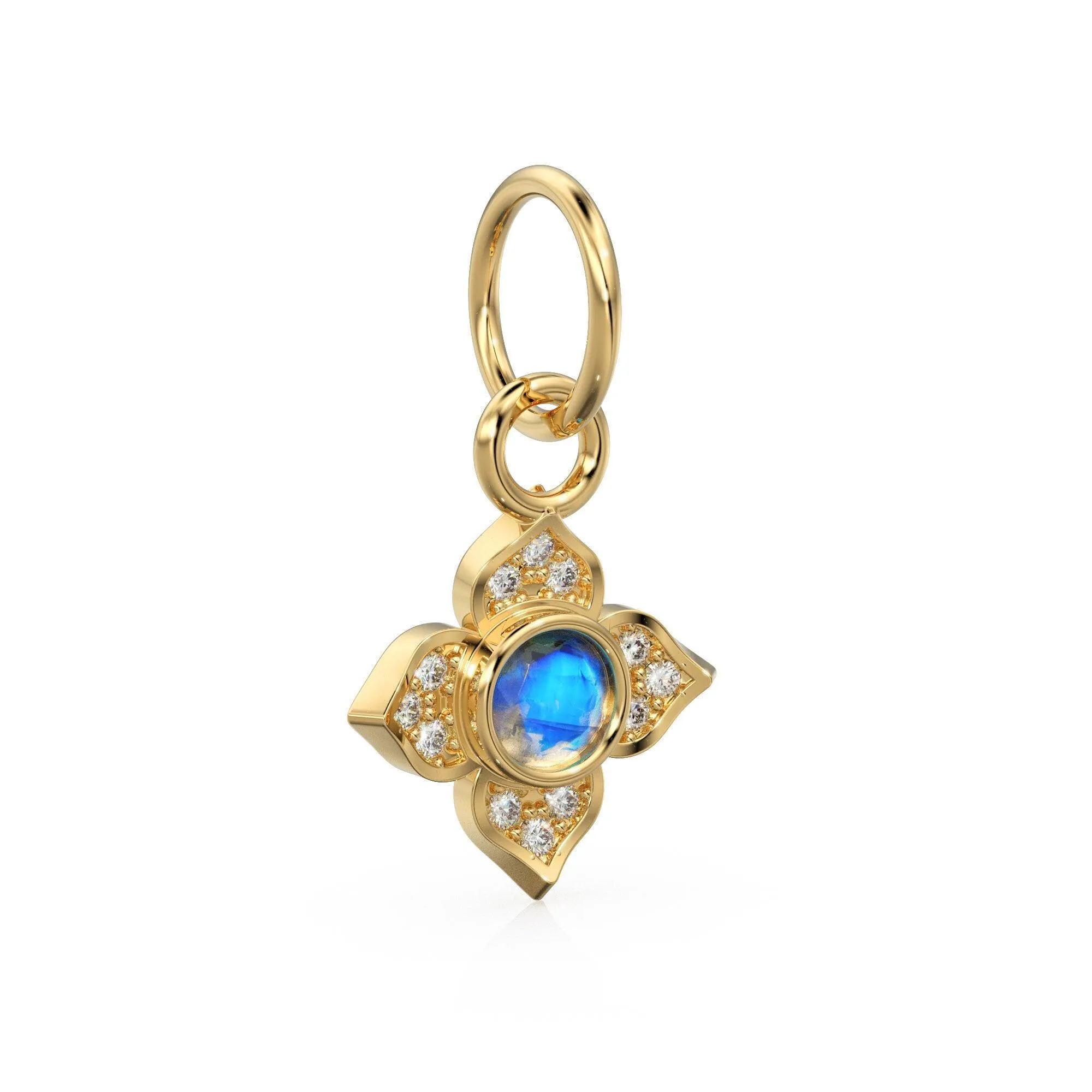 10MM 14K solid Yellow Gold Diamond Moonstone 4 petal Flower Quatrefoil Charm Necklace Pendant