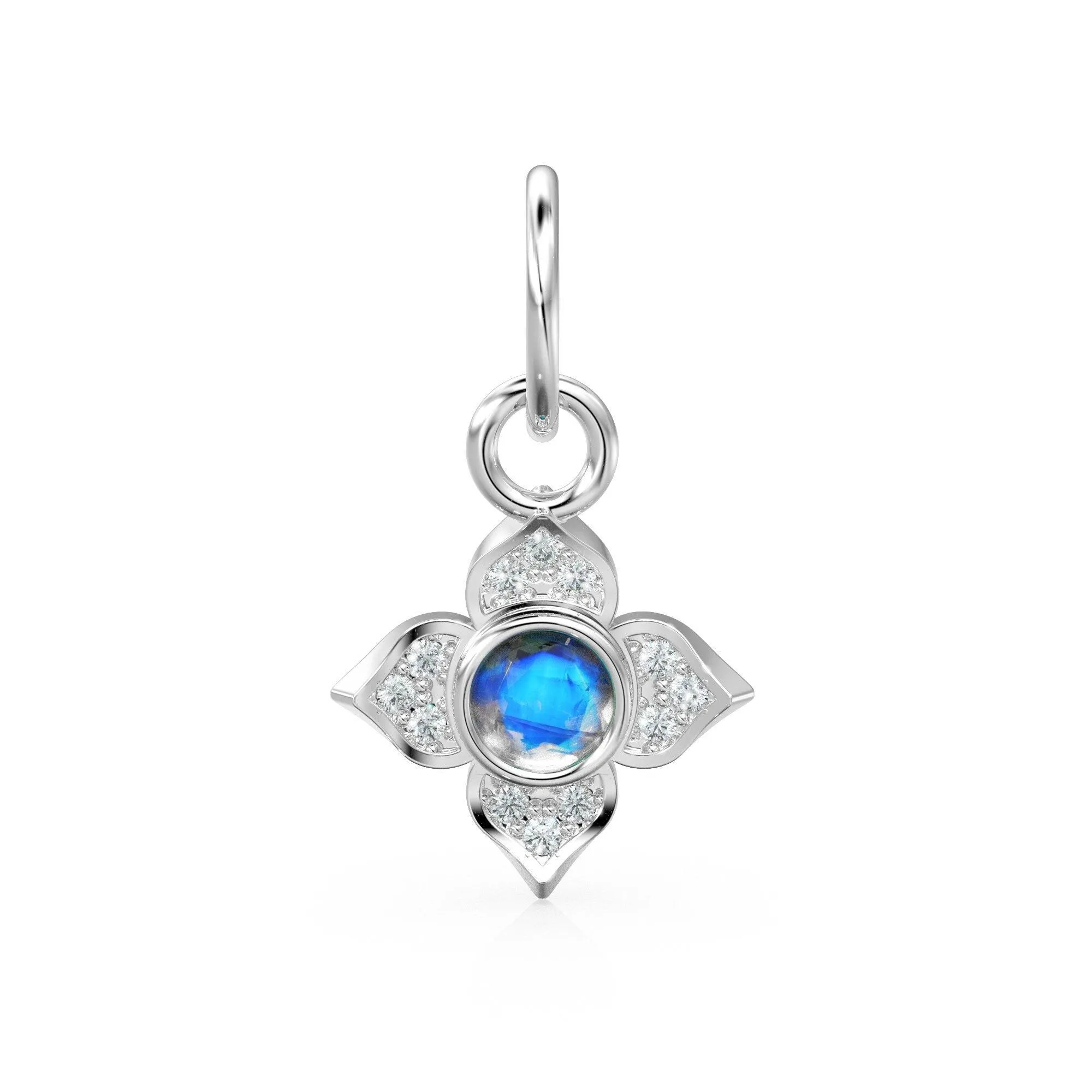 10MM 14K solid Yellow Gold Diamond Moonstone 4 petal Flower Quatrefoil Charm Necklace Pendant