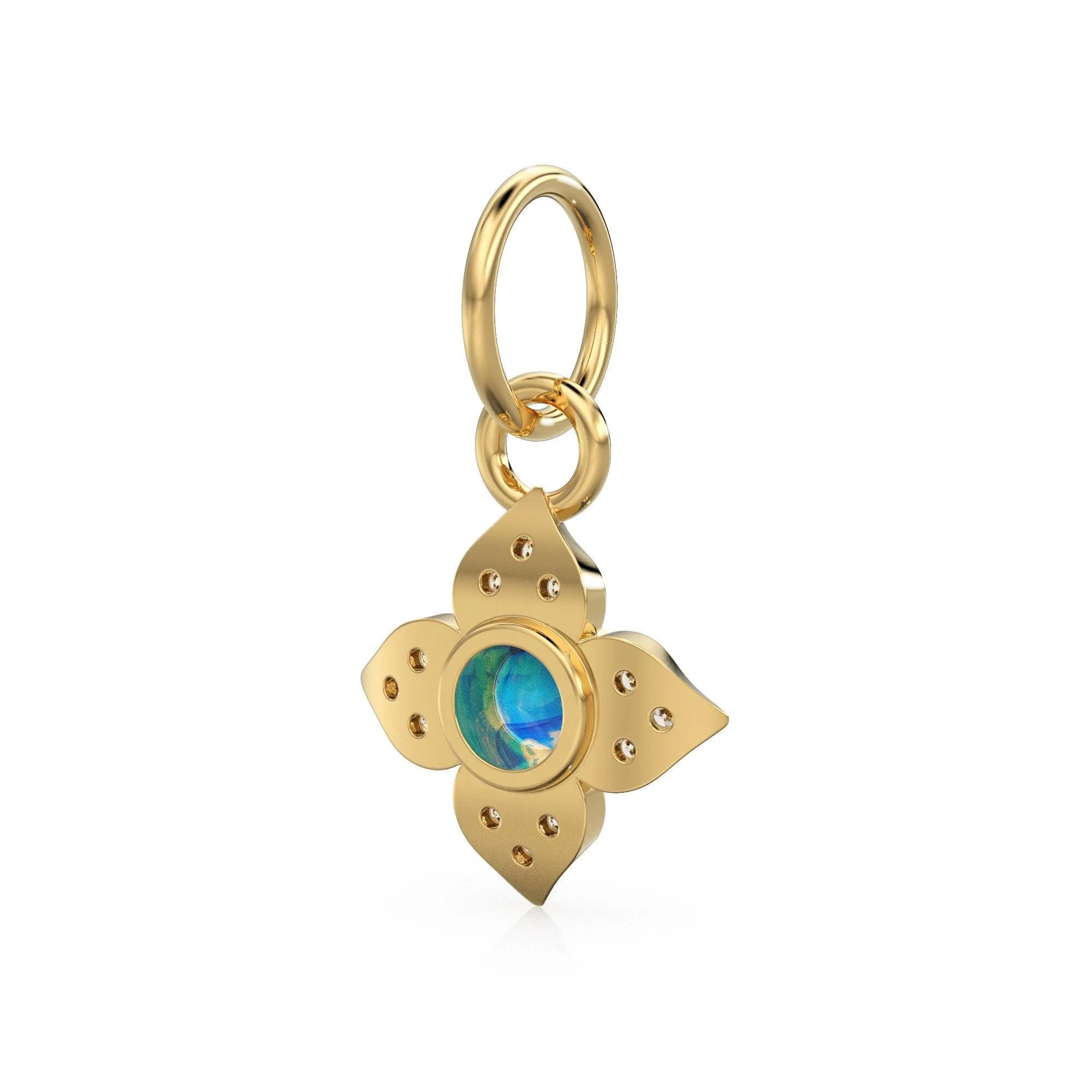 10MM 14K solid Yellow Gold Diamond Moonstone 4 petal Flower Quatrefoil Charm Necklace Pendant