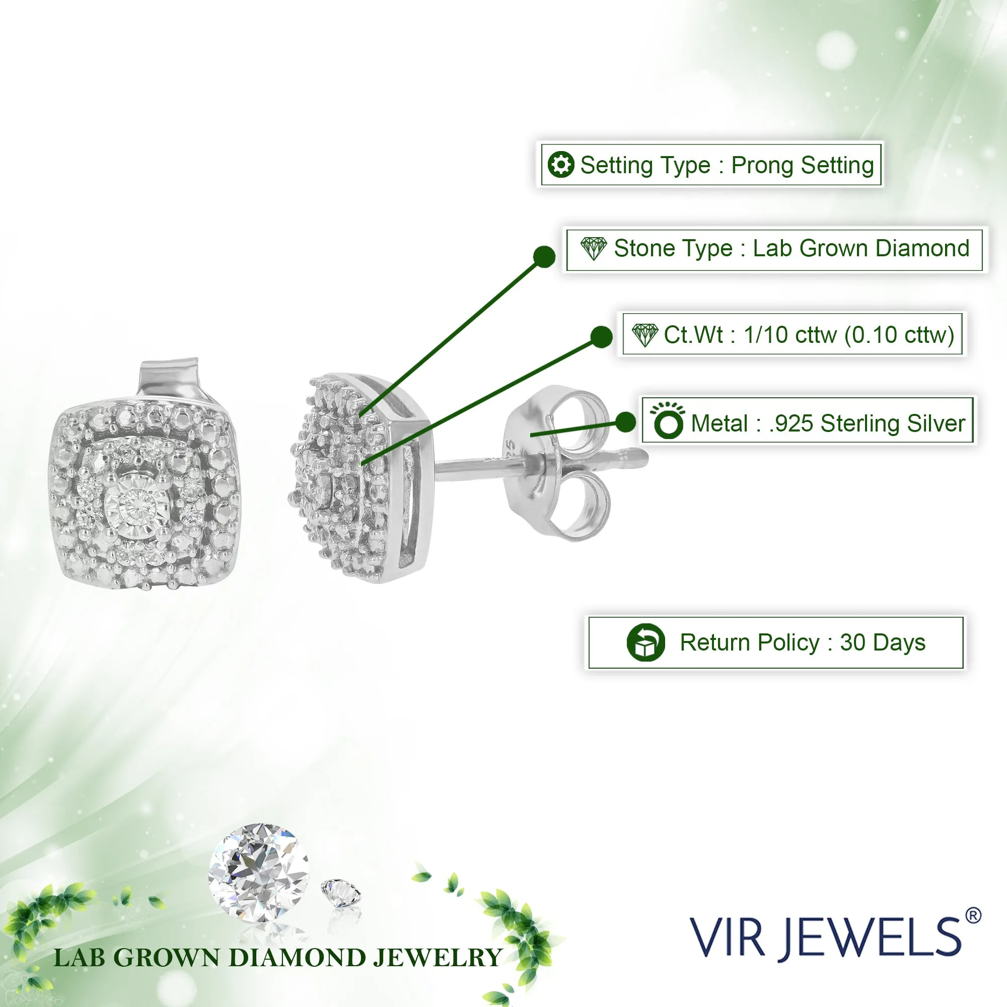 1/10 cttw Cushion Cluster Diamond Stud Earrings in .925 Silver