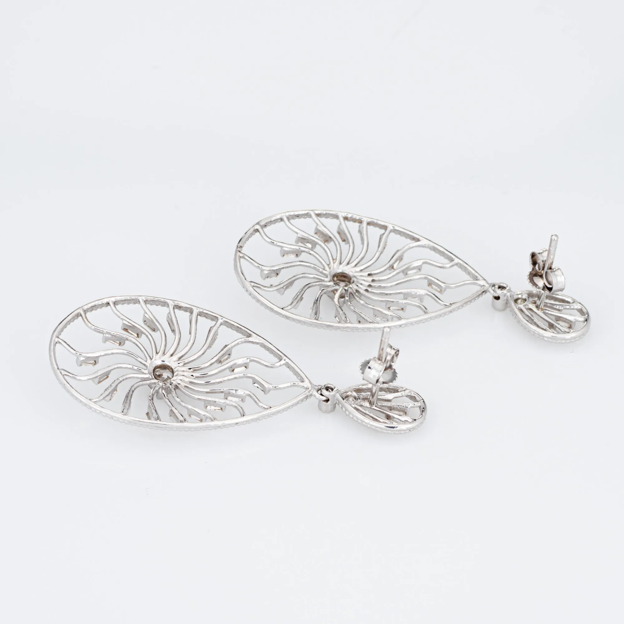 1.10ct Diamond Sunburst Earrings Vintage 14k White Gold Pear Drops Fine Jewelry