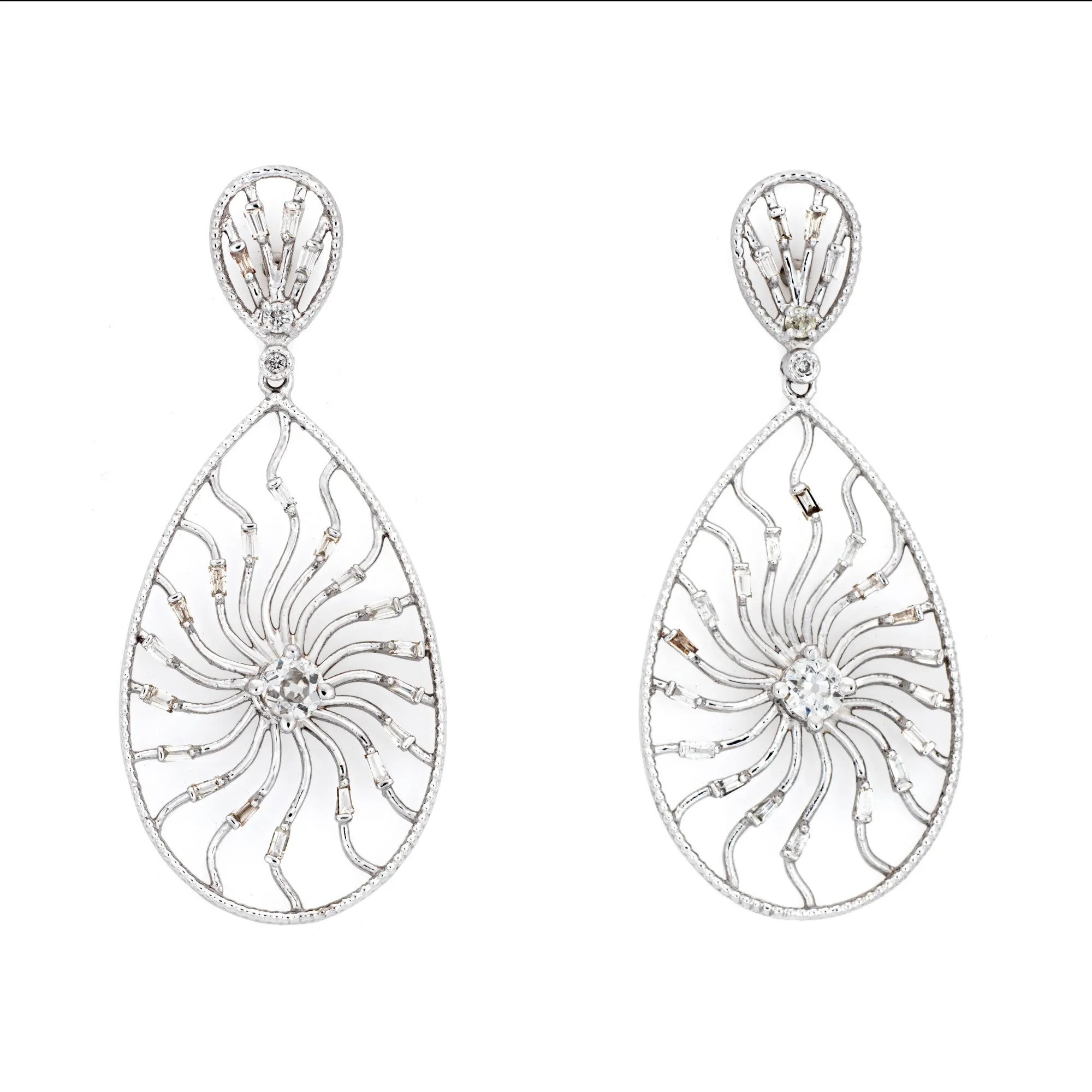 1.10ct Diamond Sunburst Earrings Vintage 14k White Gold Pear Drops Fine Jewelry