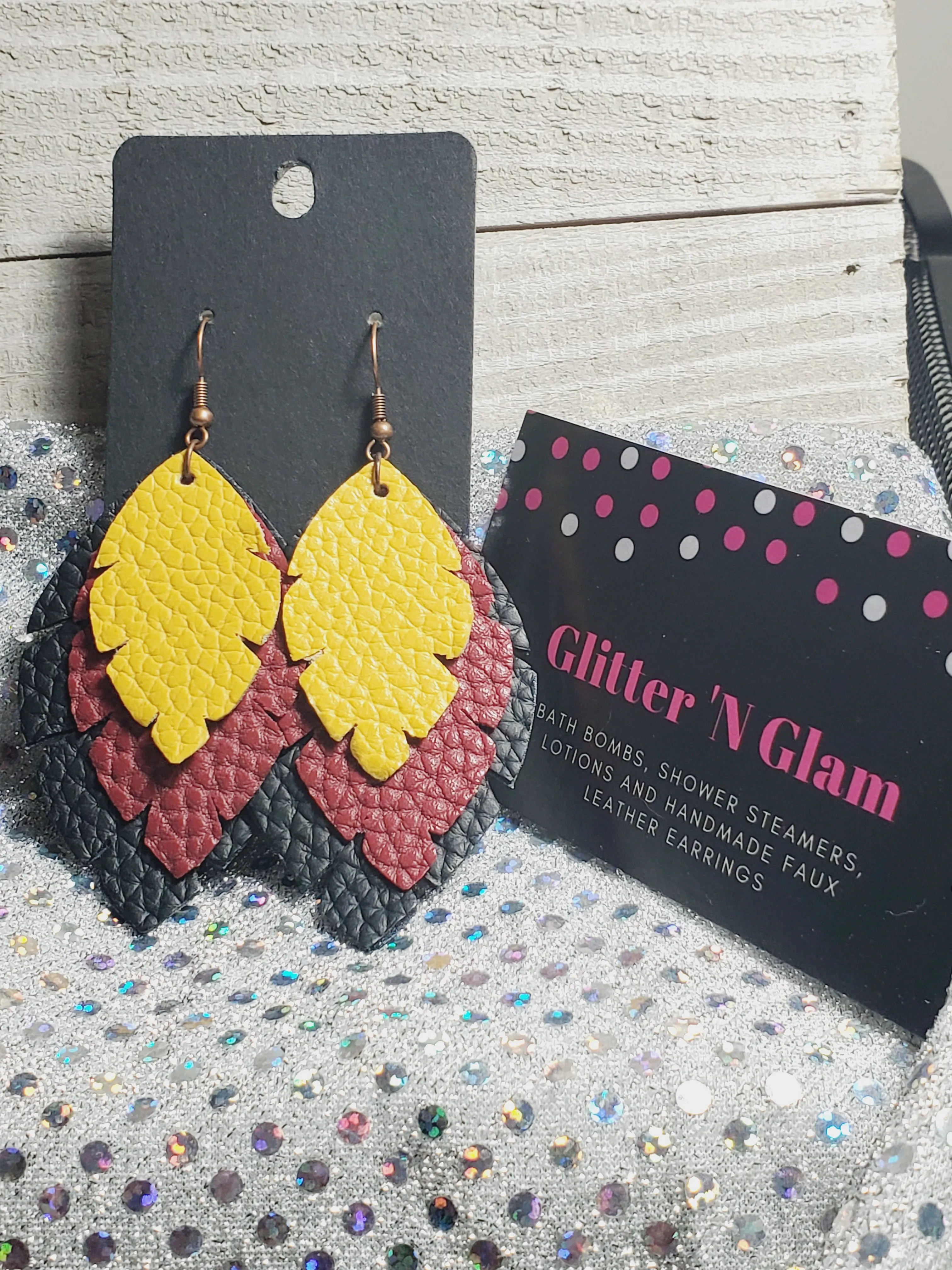 122 Black, Burgundy and Mustard Yellow Three Layer Leaf Dangle Earrings