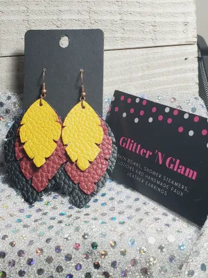 122 Black, Burgundy and Mustard Yellow Three Layer Leaf Dangle Earrings
