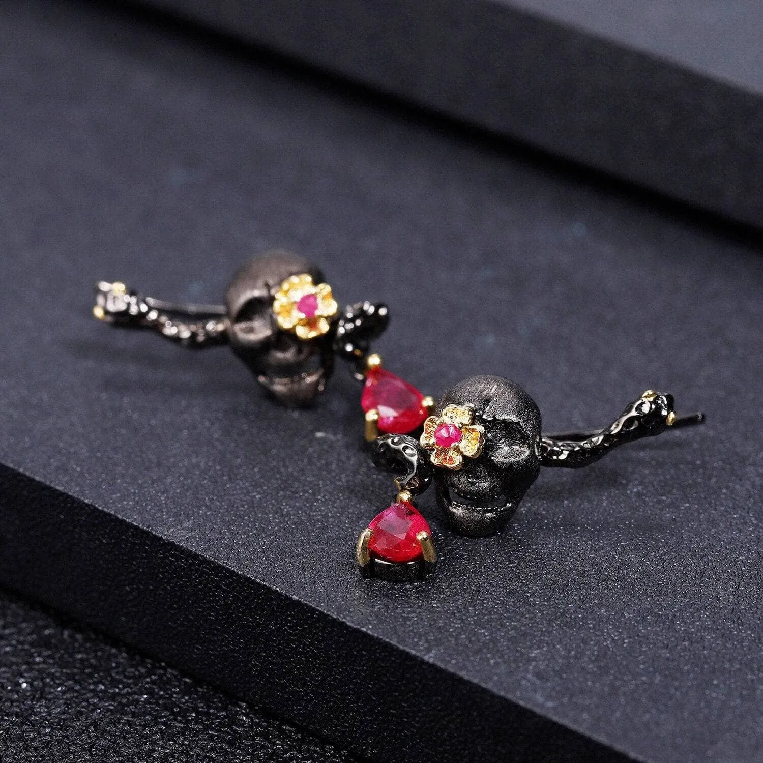 1.26Ct Natural Ruby Gemstone Skull Earrings