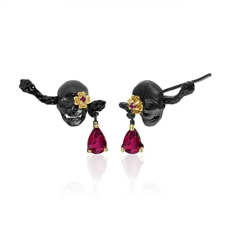 1.26Ct Natural Ruby Gemstone Skull Earrings