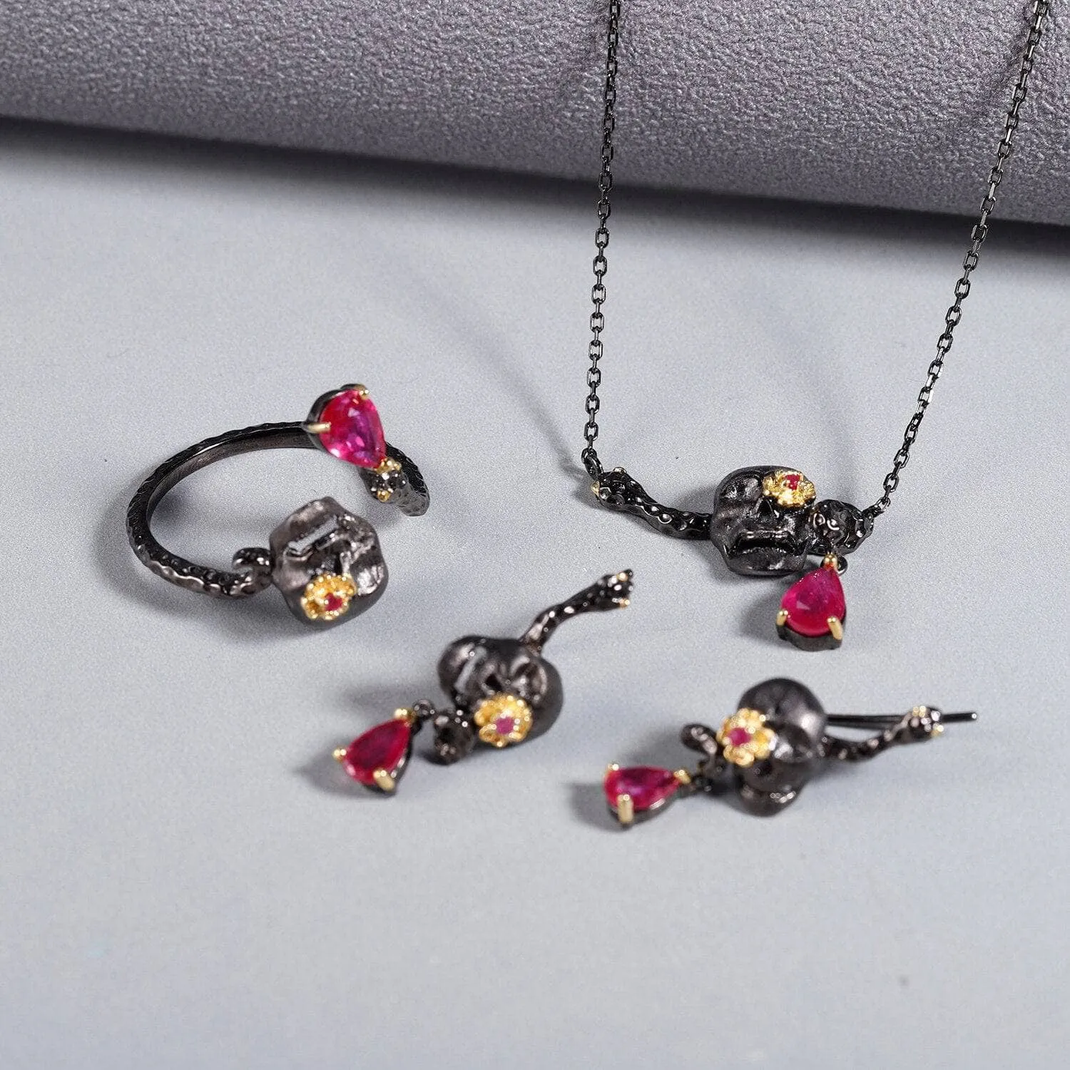 1.26Ct Natural Ruby Gemstone Skull Earrings