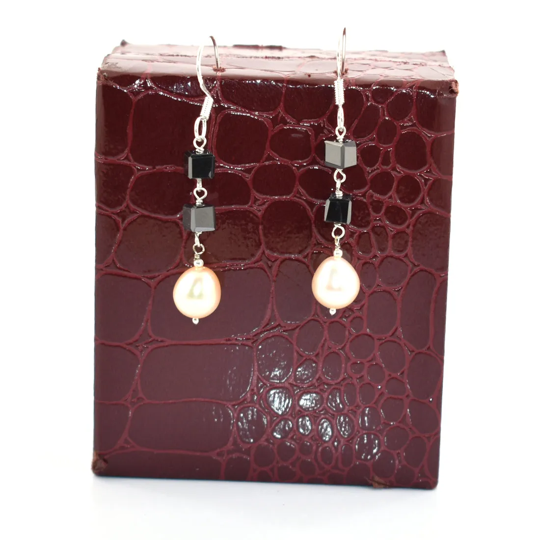 14 Ct 100% Certified Black Diamonds Beads And Pearl Gemstone Drop Earring, Sterling Silver. Great Luster