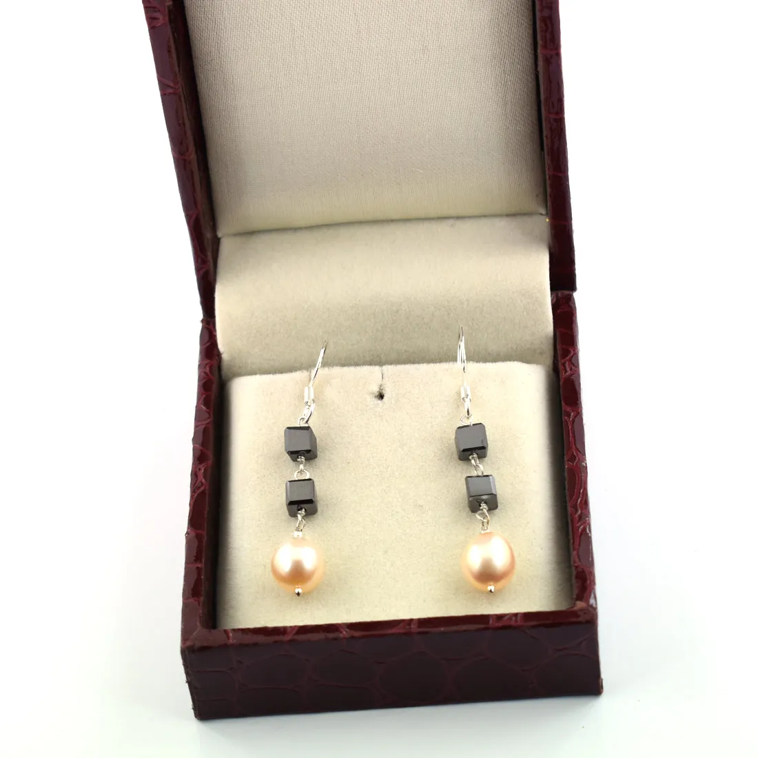 14 Ct 100% Certified Black Diamonds Beads And Pearl Gemstone Drop Earring, Sterling Silver. Great Luster