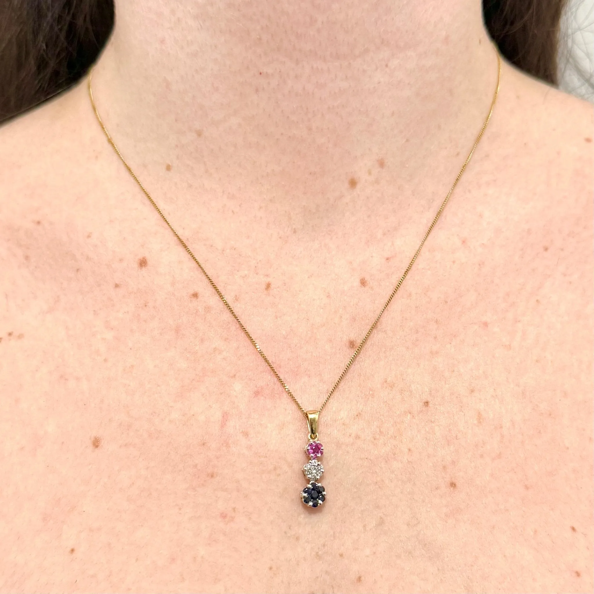 14 Karat Yellow Gold Diamond, Ruby & Sapphire Cluster Earrings And Necklace Set