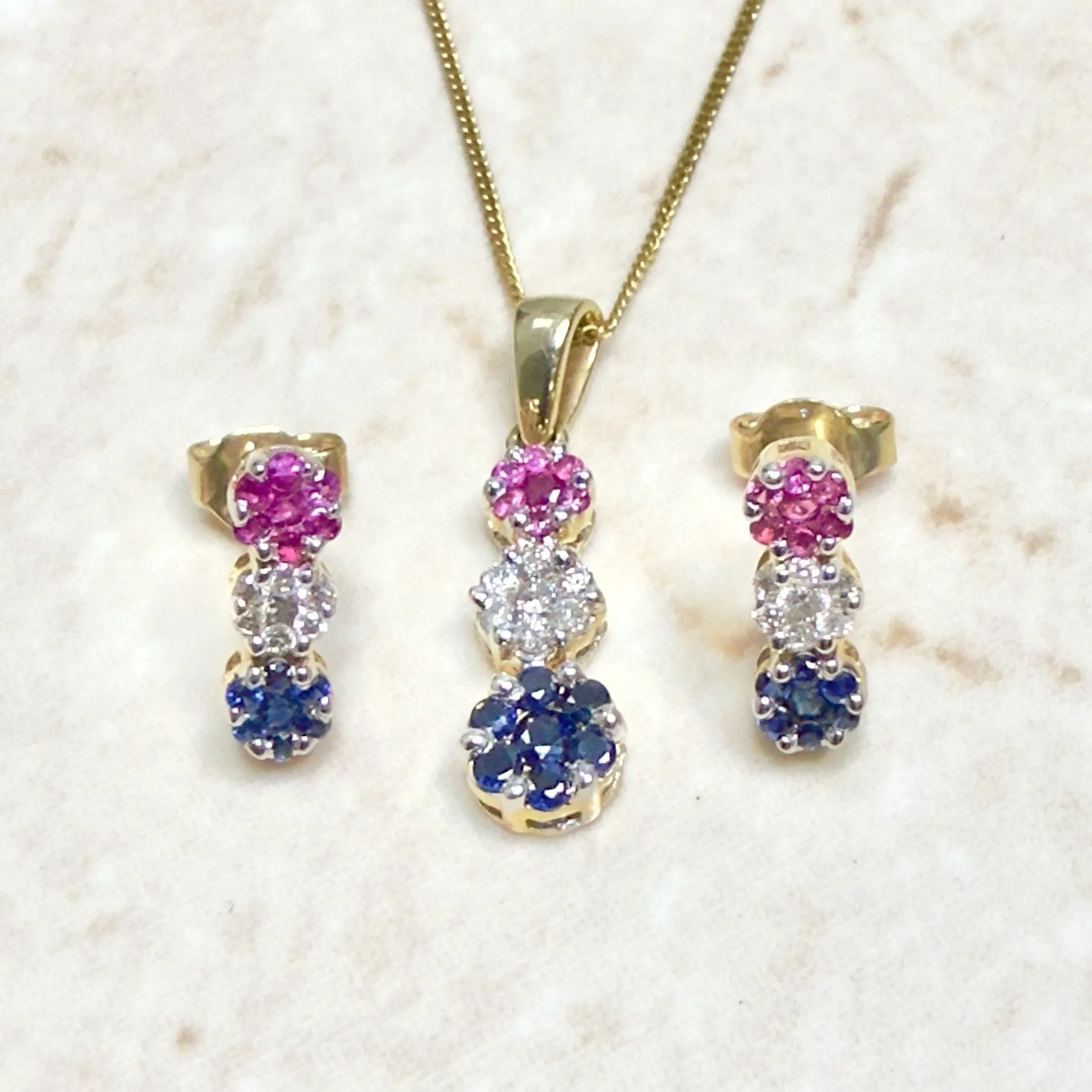 14 Karat Yellow Gold Diamond, Ruby & Sapphire Cluster Earrings And Necklace Set