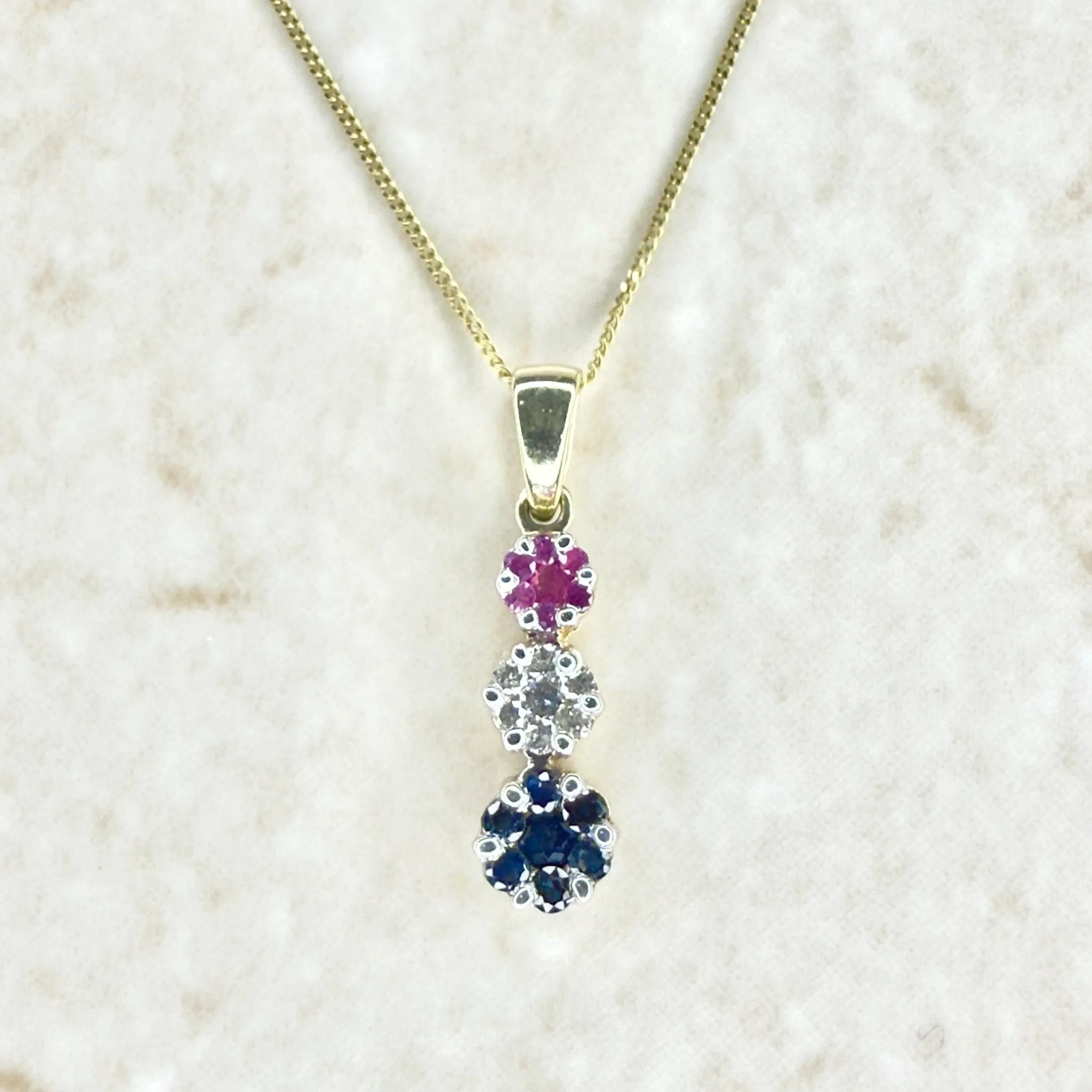 14 Karat Yellow Gold Diamond, Ruby & Sapphire Cluster Earrings And Necklace Set