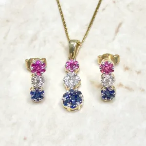 14 Karat Yellow Gold Diamond, Ruby & Sapphire Cluster Earrings And Necklace Set