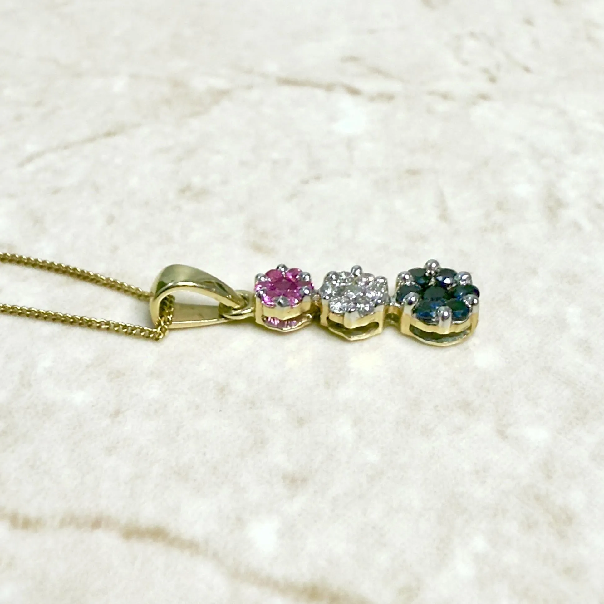 14 Karat Yellow Gold Diamond, Ruby & Sapphire Cluster Earrings And Necklace Set