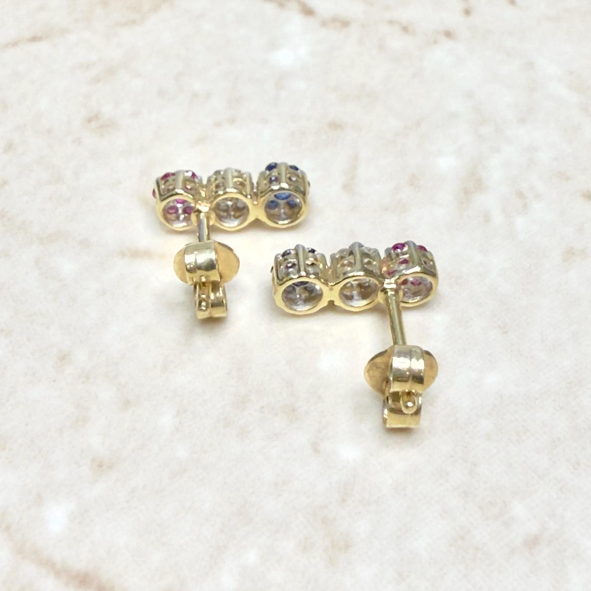14 Karat Yellow Gold Diamond, Ruby & Sapphire Cluster Earrings And Necklace Set