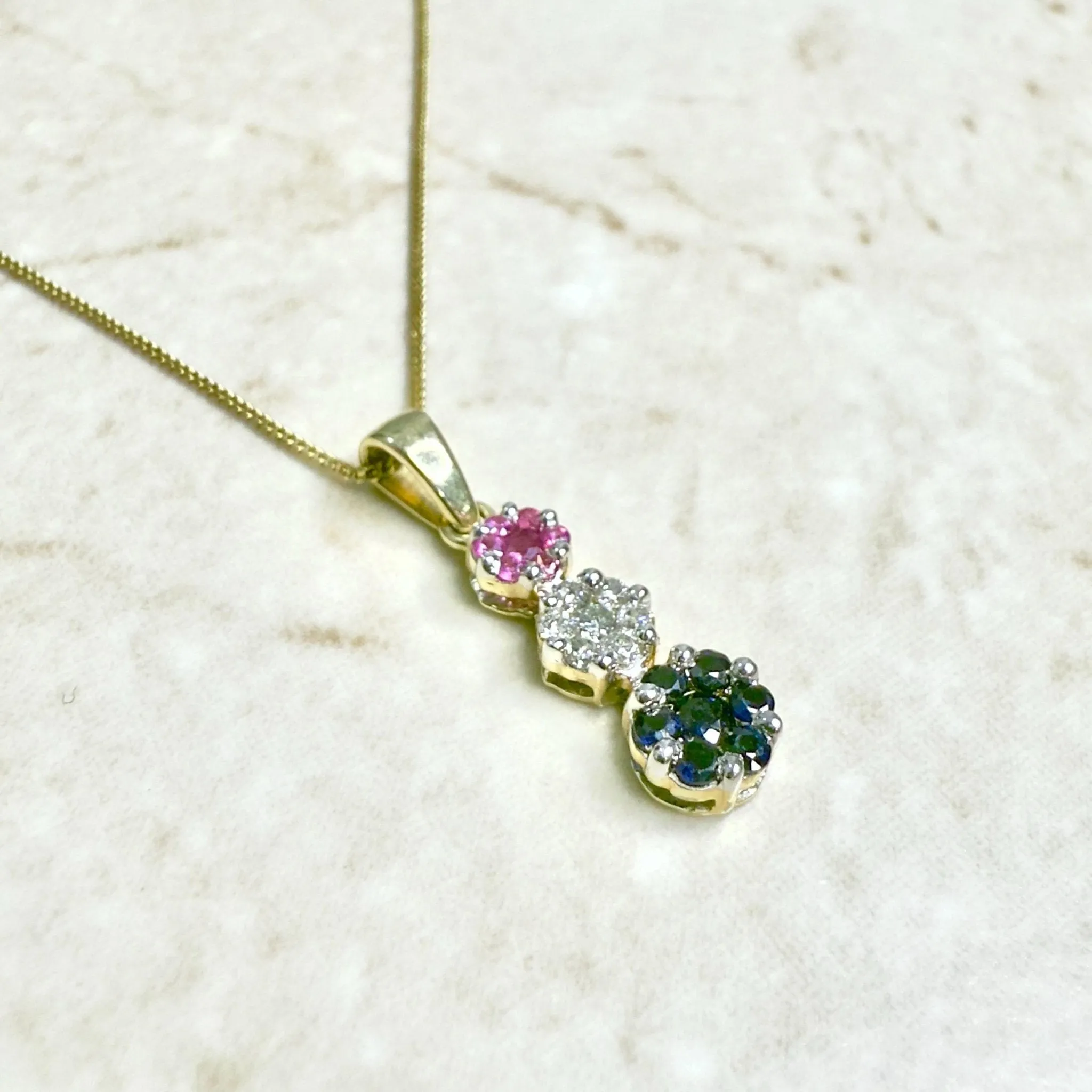 14 Karat Yellow Gold Diamond, Ruby & Sapphire Cluster Earrings And Necklace Set