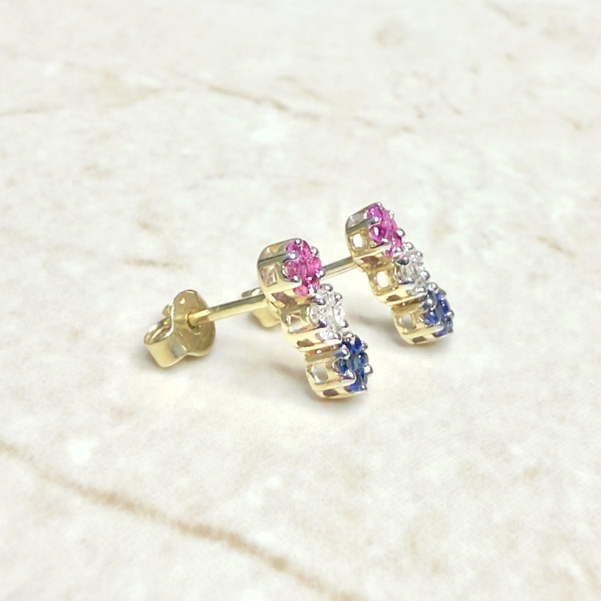 14 Karat Yellow Gold Diamond, Ruby & Sapphire Cluster Earrings And Necklace Set