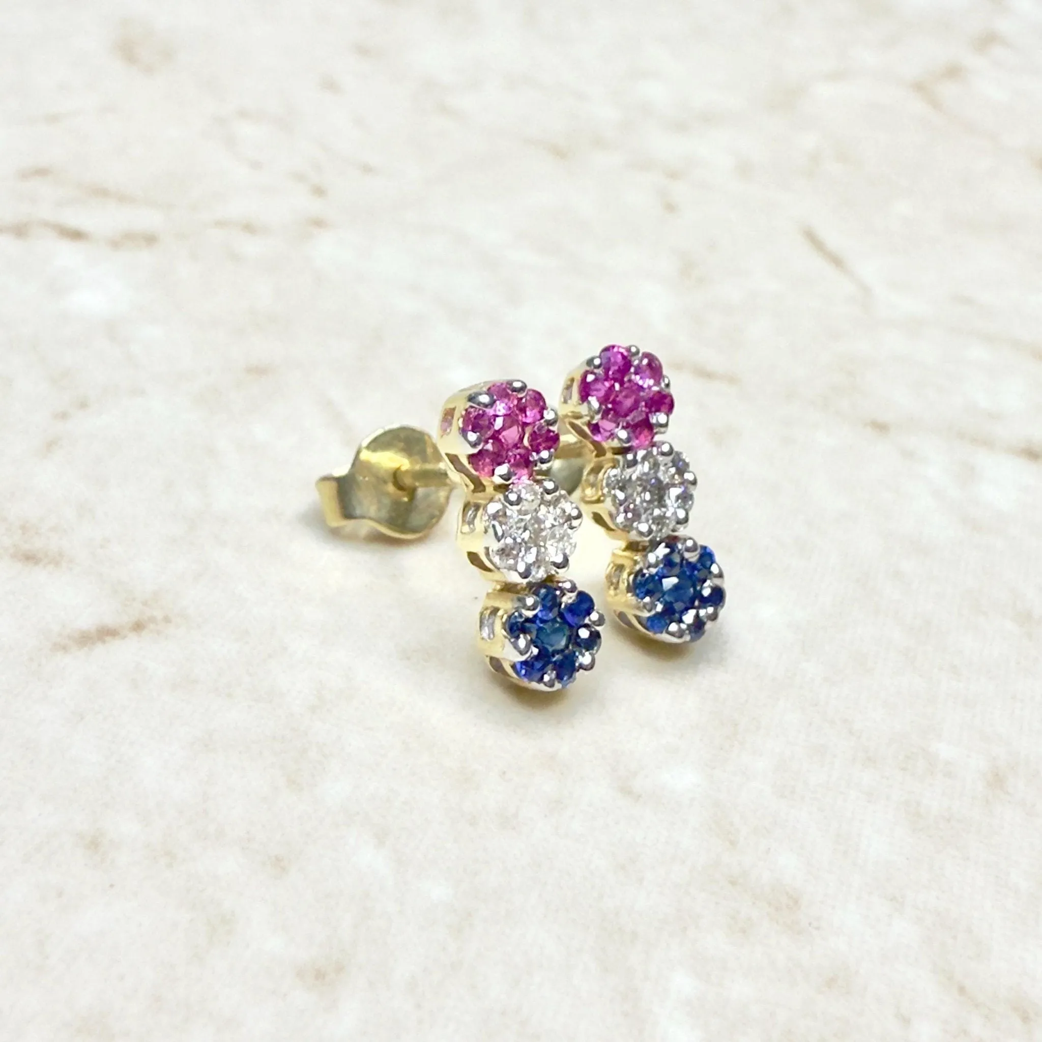 14 Karat Yellow Gold Diamond, Ruby & Sapphire Cluster Earrings And Necklace Set