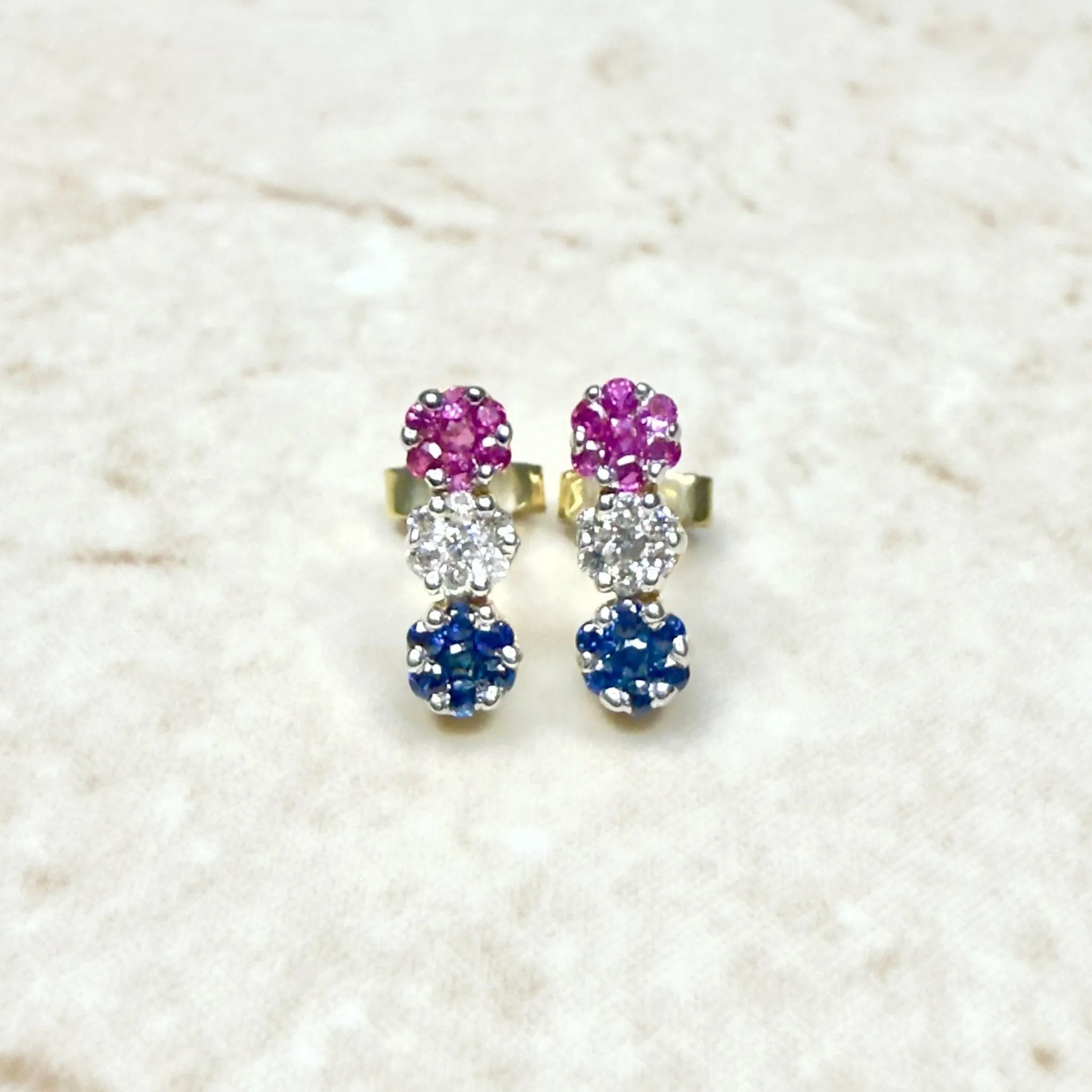 14 Karat Yellow Gold Diamond, Ruby & Sapphire Cluster Earrings And Necklace Set