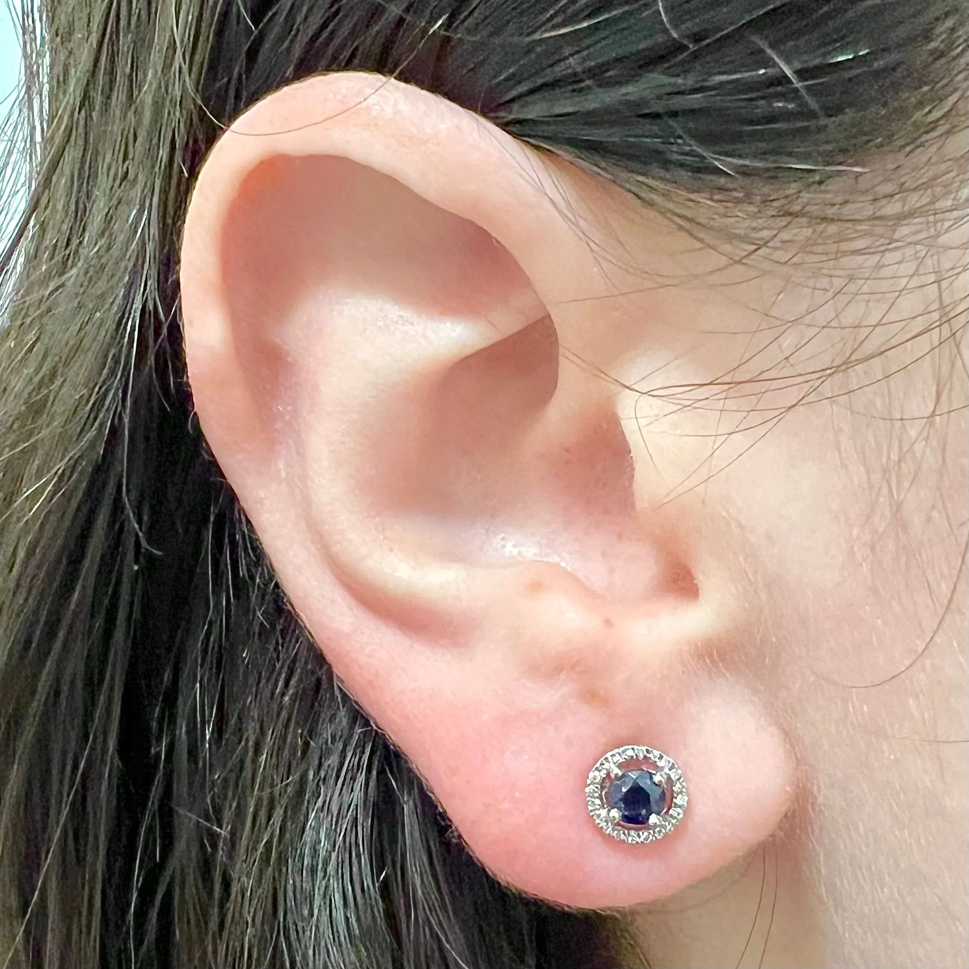 14 Karat Yellow Gold September Birthstone Round Blue Sapphire & Diamond Halo Stud Earrings