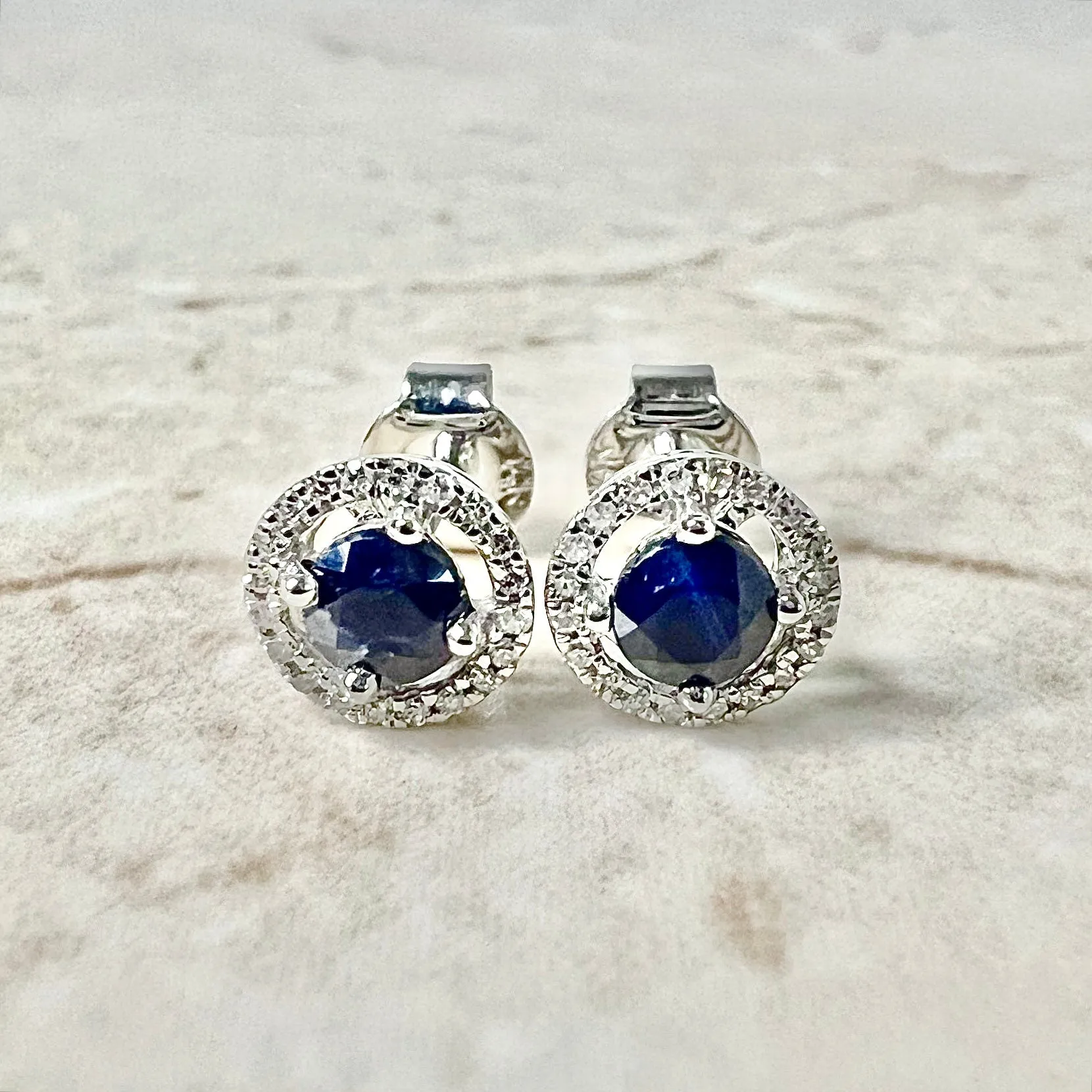 14 Karat Yellow Gold September Birthstone Round Blue Sapphire & Diamond Halo Stud Earrings