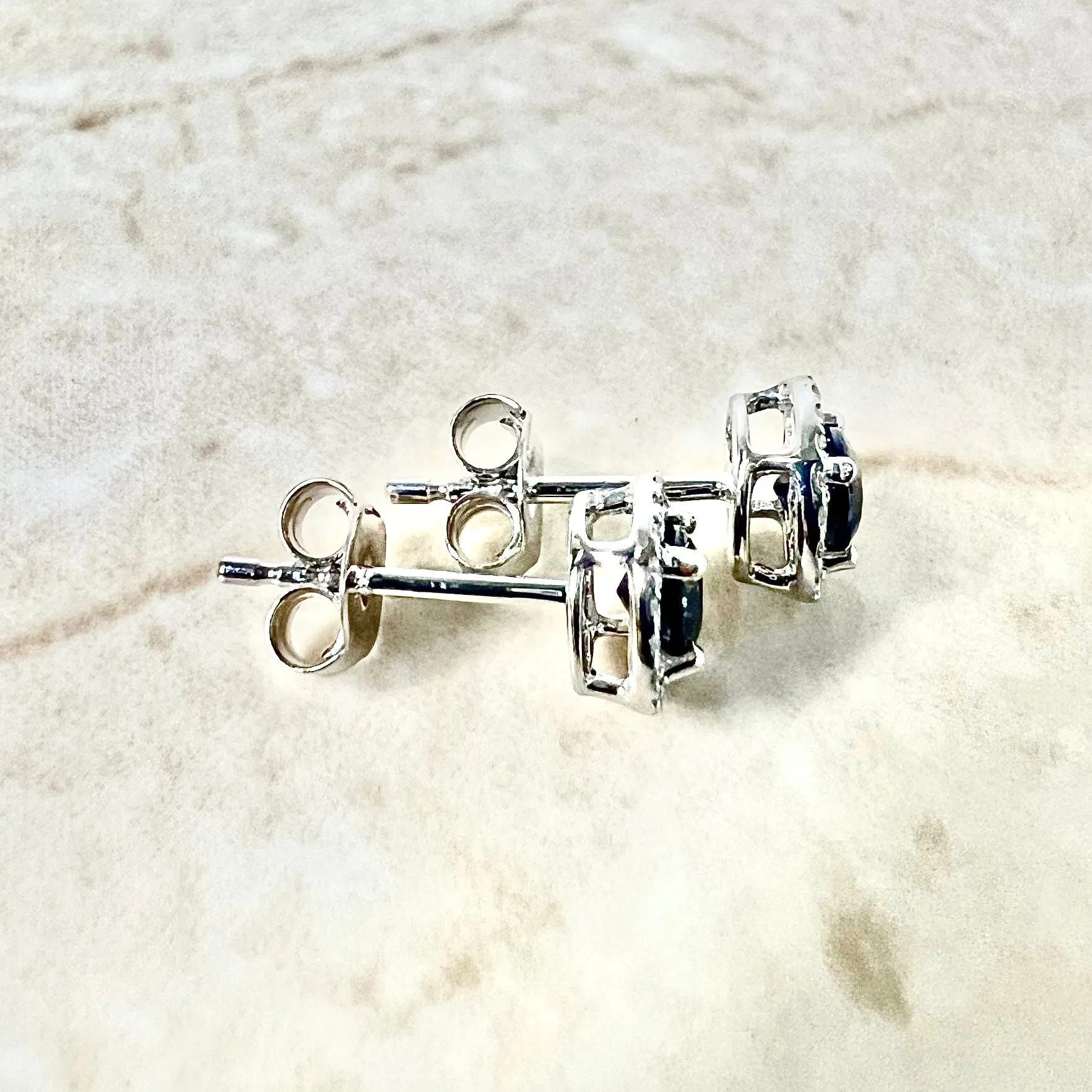 14 Karat Yellow Gold September Birthstone Round Blue Sapphire & Diamond Halo Stud Earrings