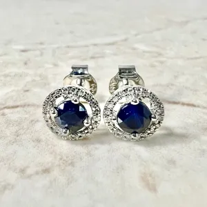 14 Karat Yellow Gold September Birthstone Round Blue Sapphire & Diamond Halo Stud Earrings