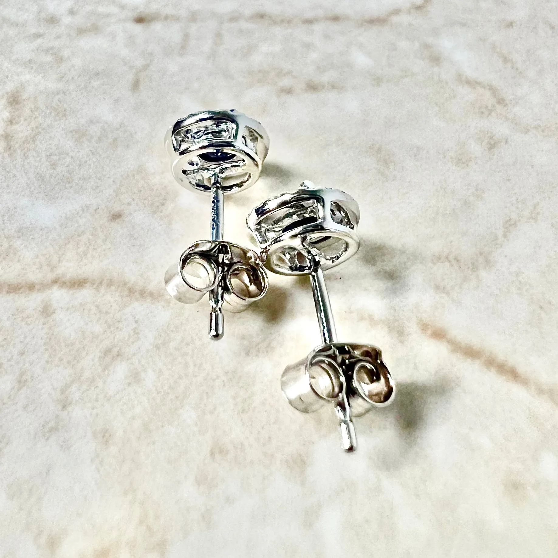 14 Karat Yellow Gold September Birthstone Round Blue Sapphire & Diamond Halo Stud Earrings