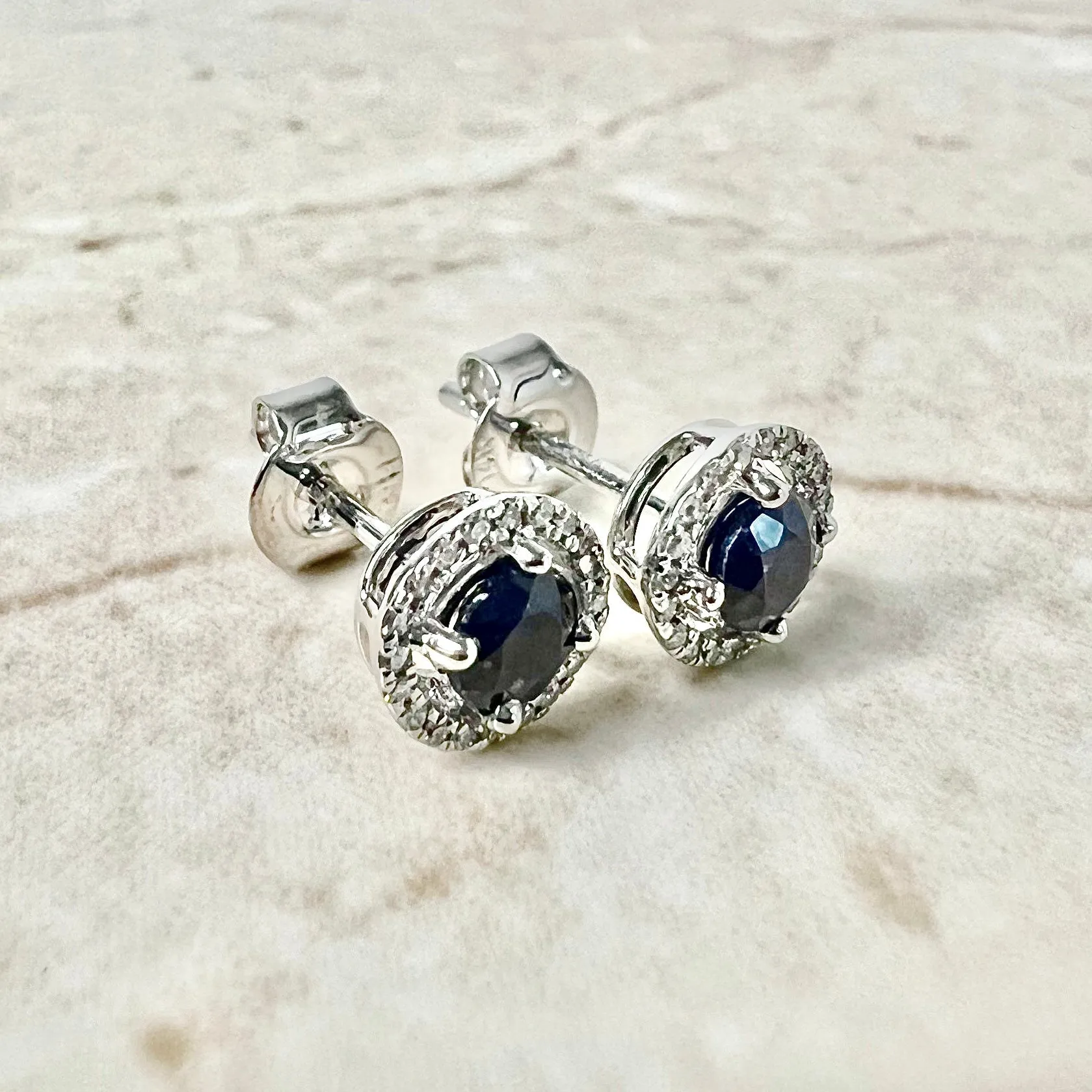 14 Karat Yellow Gold September Birthstone Round Blue Sapphire & Diamond Halo Stud Earrings