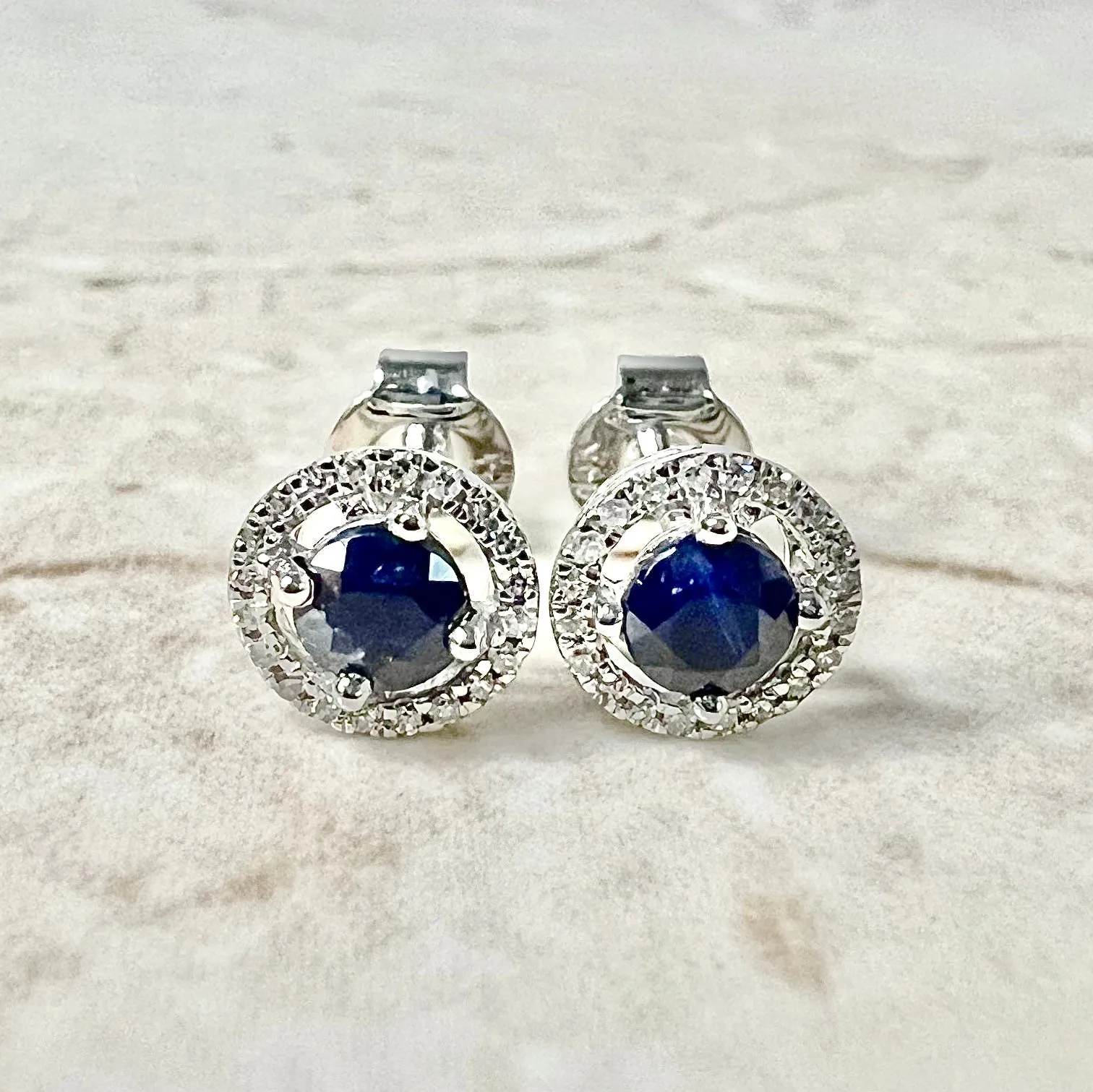 14 Karat Yellow Gold September Birthstone Round Blue Sapphire & Diamond Halo Stud Earrings